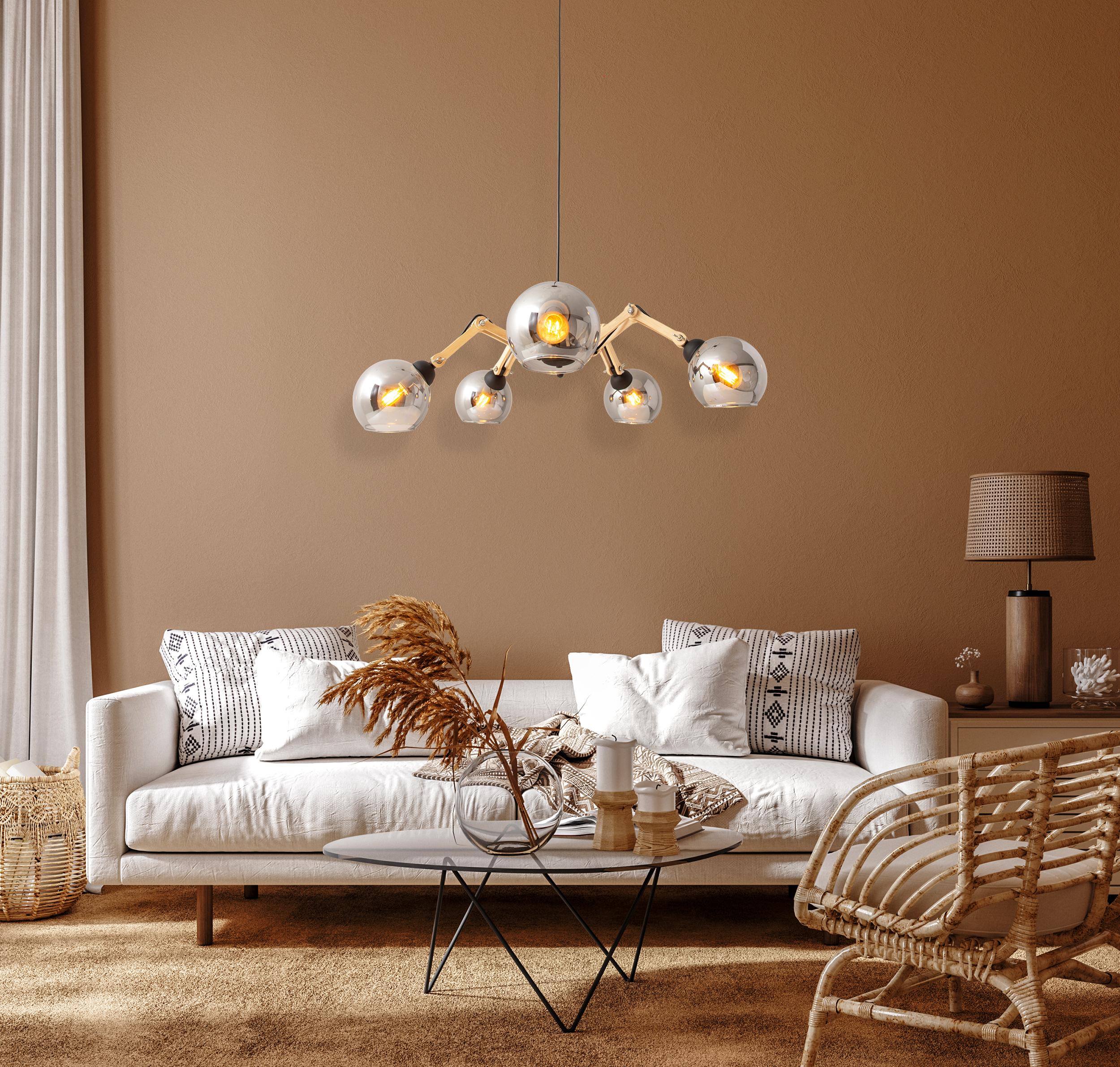 Hängeleuchte H: 130 cm 5-Flammig, Echtholz/Eisen - Schwarz/Naturfarben, Design, Glas/Holz (80/130cm) - Näve