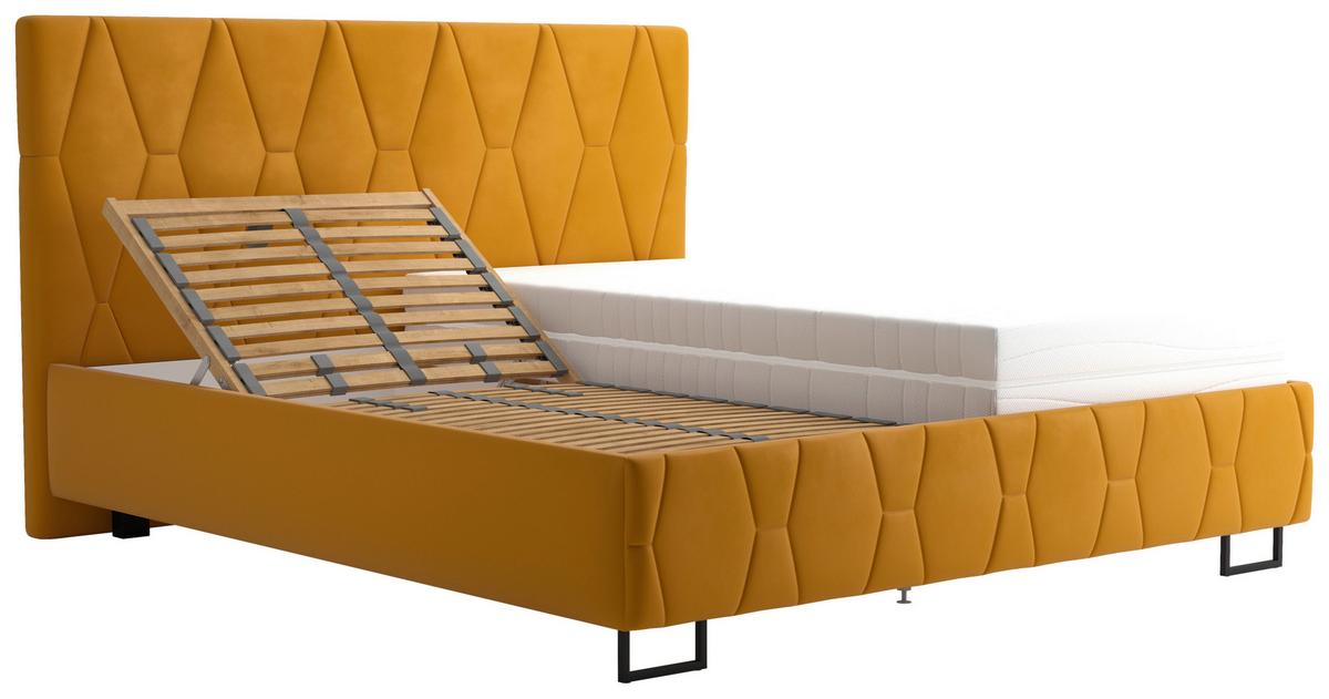 Čalúnená posteľ ATESSA 180x200 cm, horčicová - horčicovožltá/prírodná farba, Modern, drevo/textil (180/200cm)