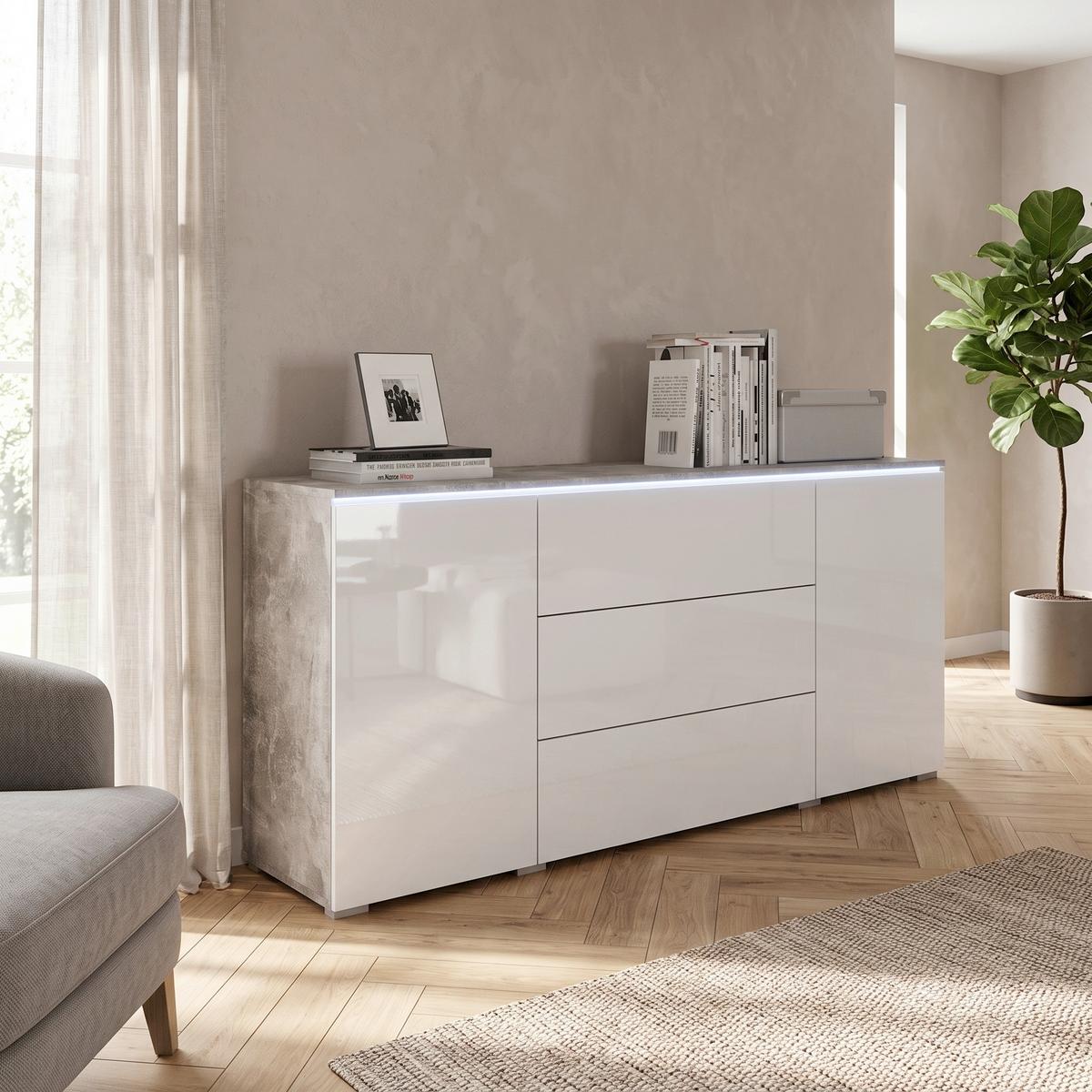 Široká komoda VERA vzhľad beton/biela - sivá/biela s vysokým leskom, Lifestyle, kompozitné drevo/plast (150/67,9/39,5cm) - P & B