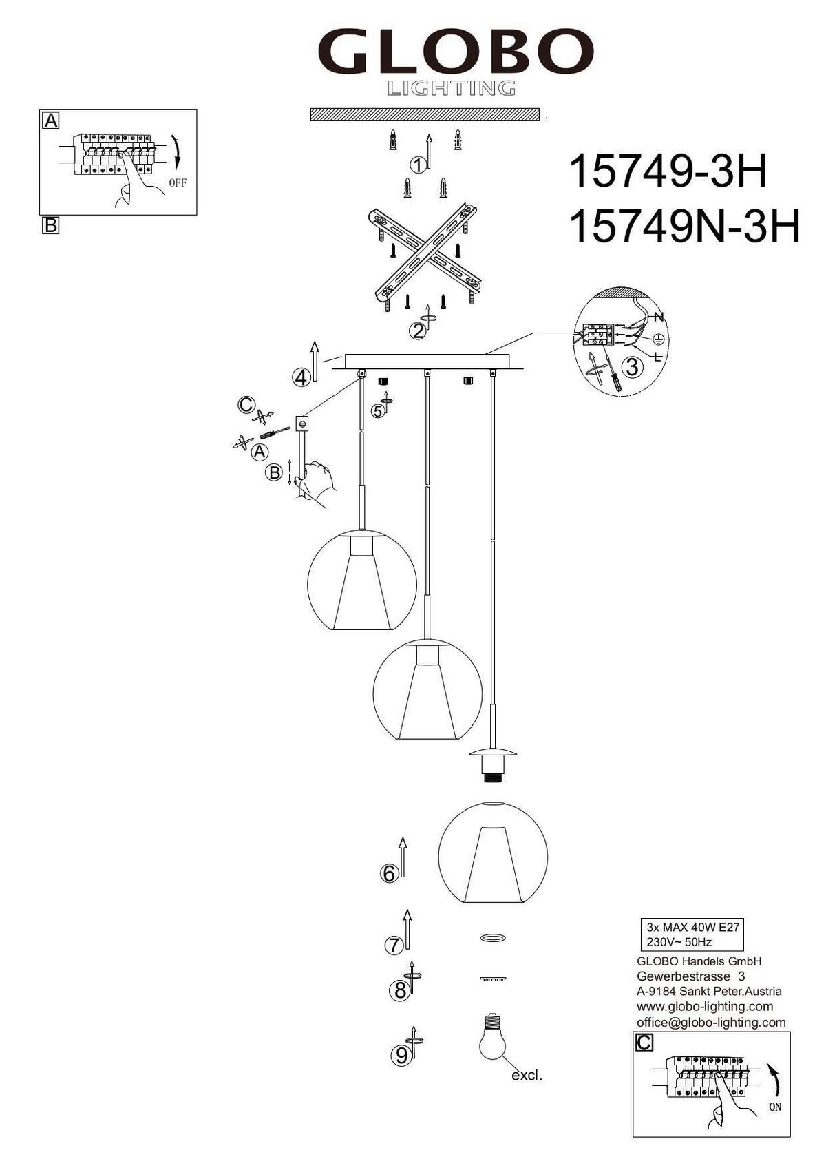 Hängeleuchte 15749-3h Barry - Klar/Schwarz, Basics, Glas/Textil (45/120cm) - Globo