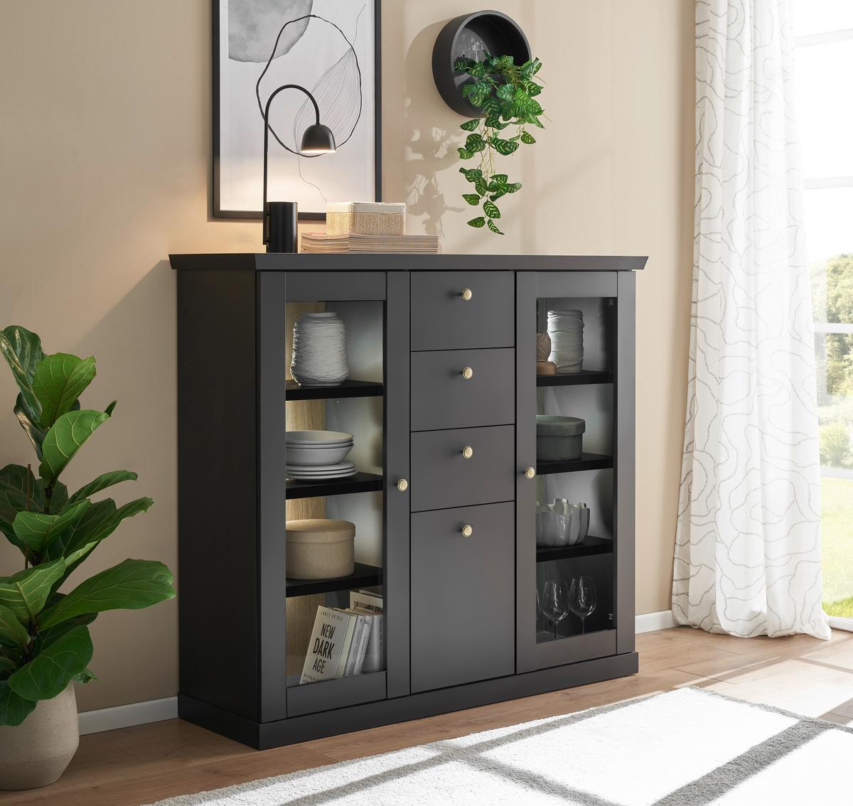 Highboard Lincoln Schwarz/Eichefarben B: 129cm - Eichefarben/Schwarz, Design, Holzwerkstoff (129/118/42cm) - MID.YOU