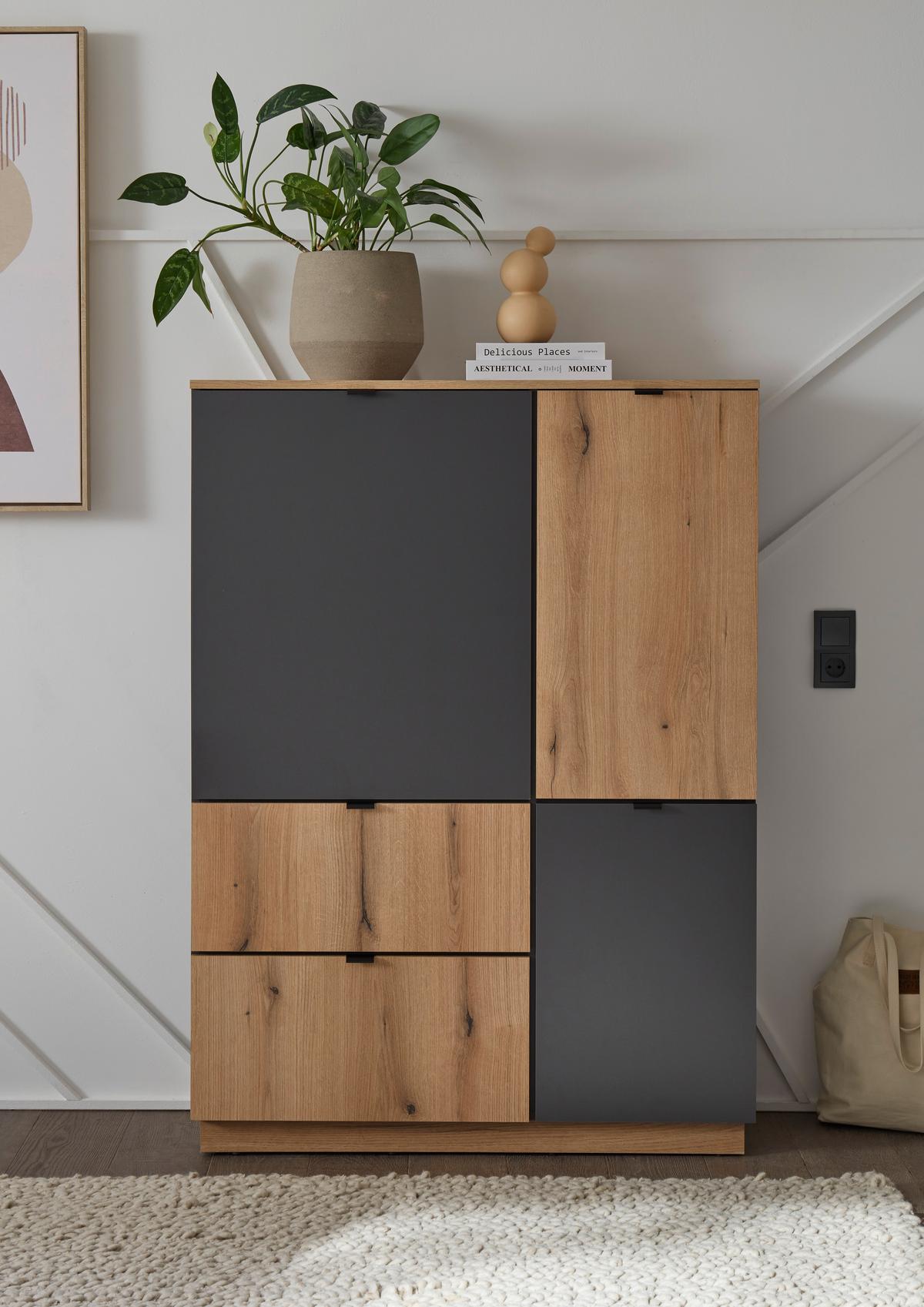 Highboard Vince II B: 191 cm Anthrazit/Evoke Oak Dekor - Eichefarben/Anthrazit, Trend, Holzwerkstoff (191/100/38cm) - Livetastic