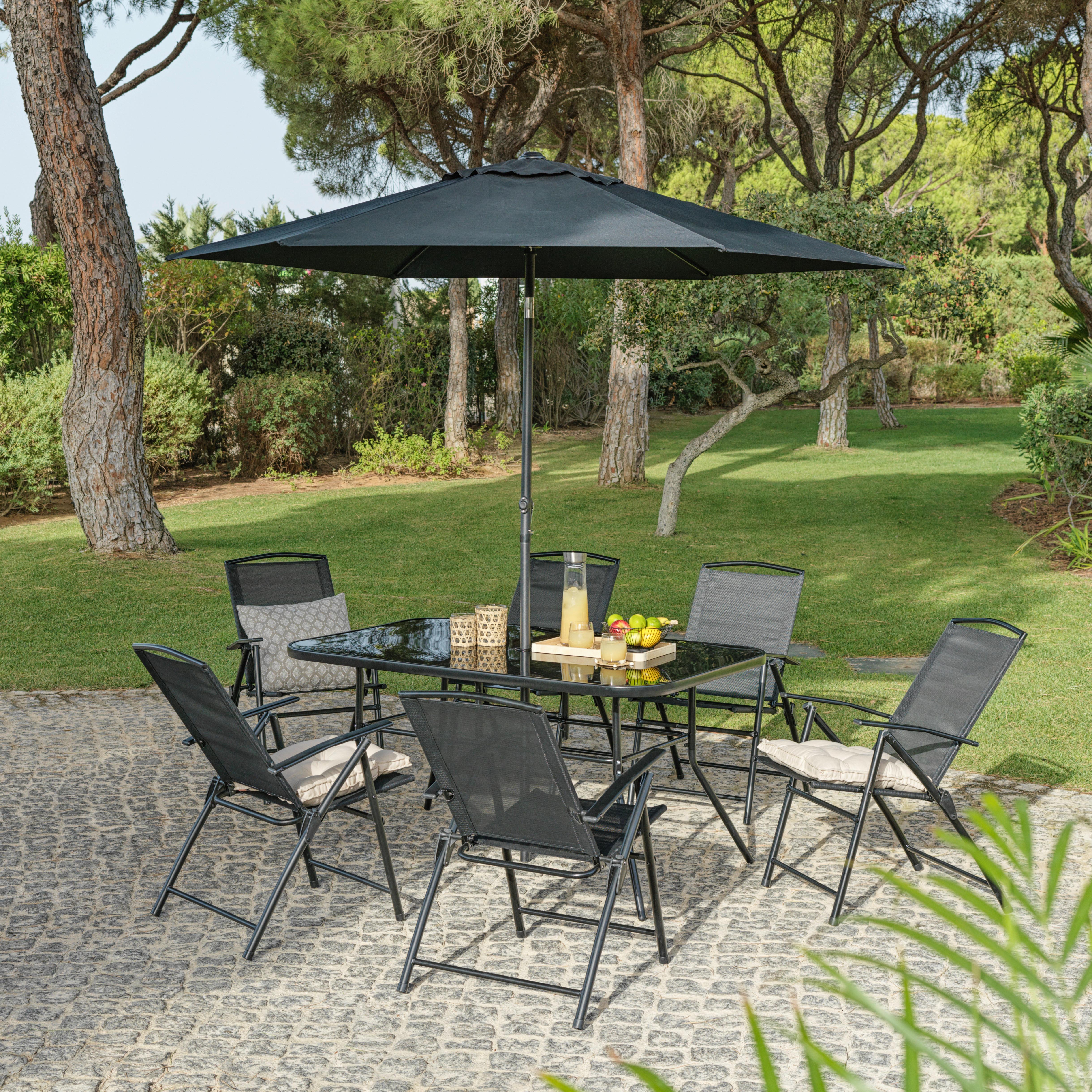 Gartengarnitur 7-Tlg. Laura Stahl/Glas/Textilene + Schirm - Schwarz, MODERN, Glas/Textil (140/90/70cm) - Luca Bessoni