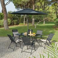 Gartengarnitur 7-Tlg. Laura Stahl/Glas/Textilene + Schirm - Schwarz, MODERN, Glas/Textil (140/90/70cm) - Luca Bessoni