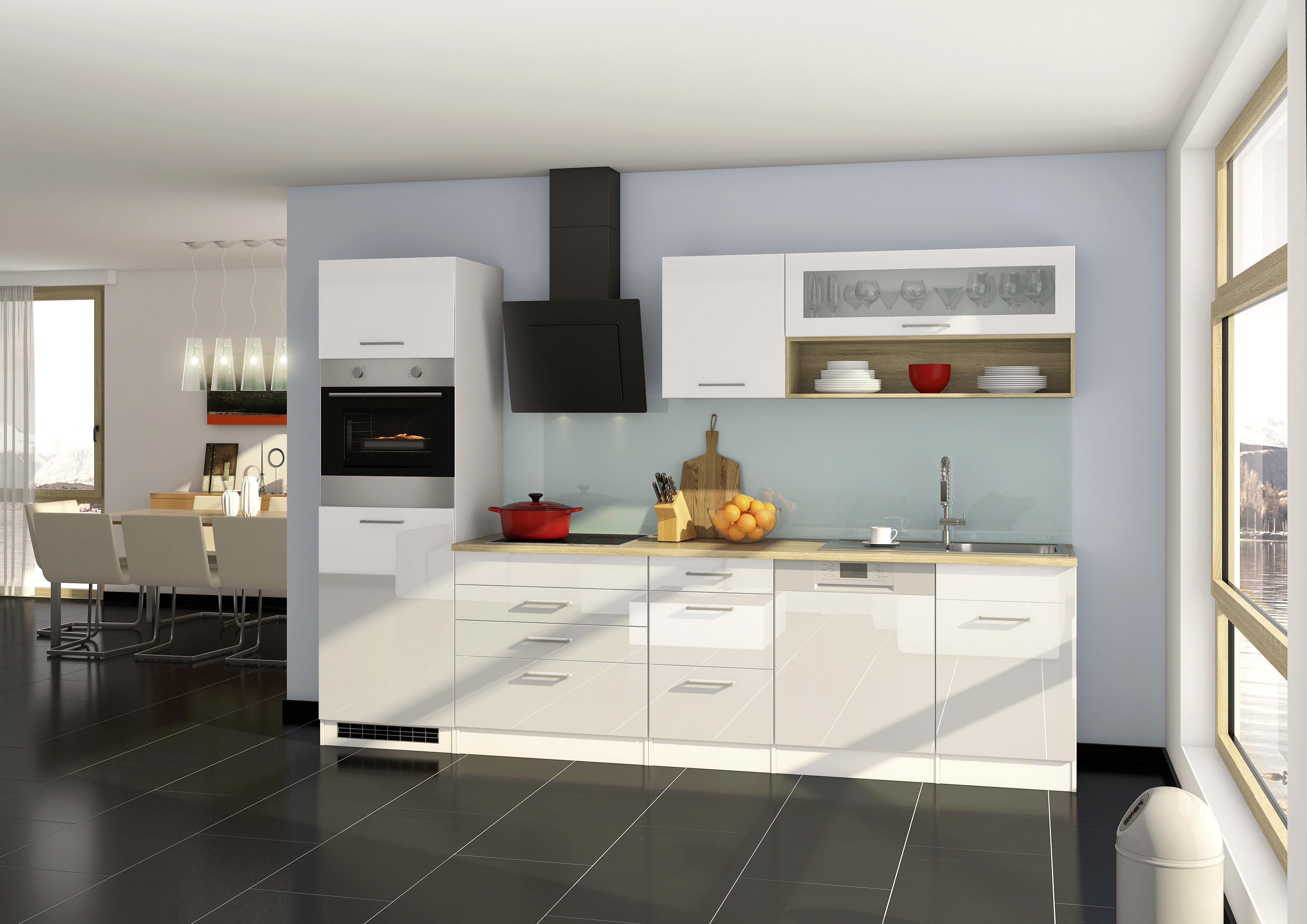 Küchenzeile Mailand mit Geräten 300 cm Weiß Hochglanz - Eichefarben/Weiß, MODERN, Holzwerkstoff (300cm) - MID.YOU