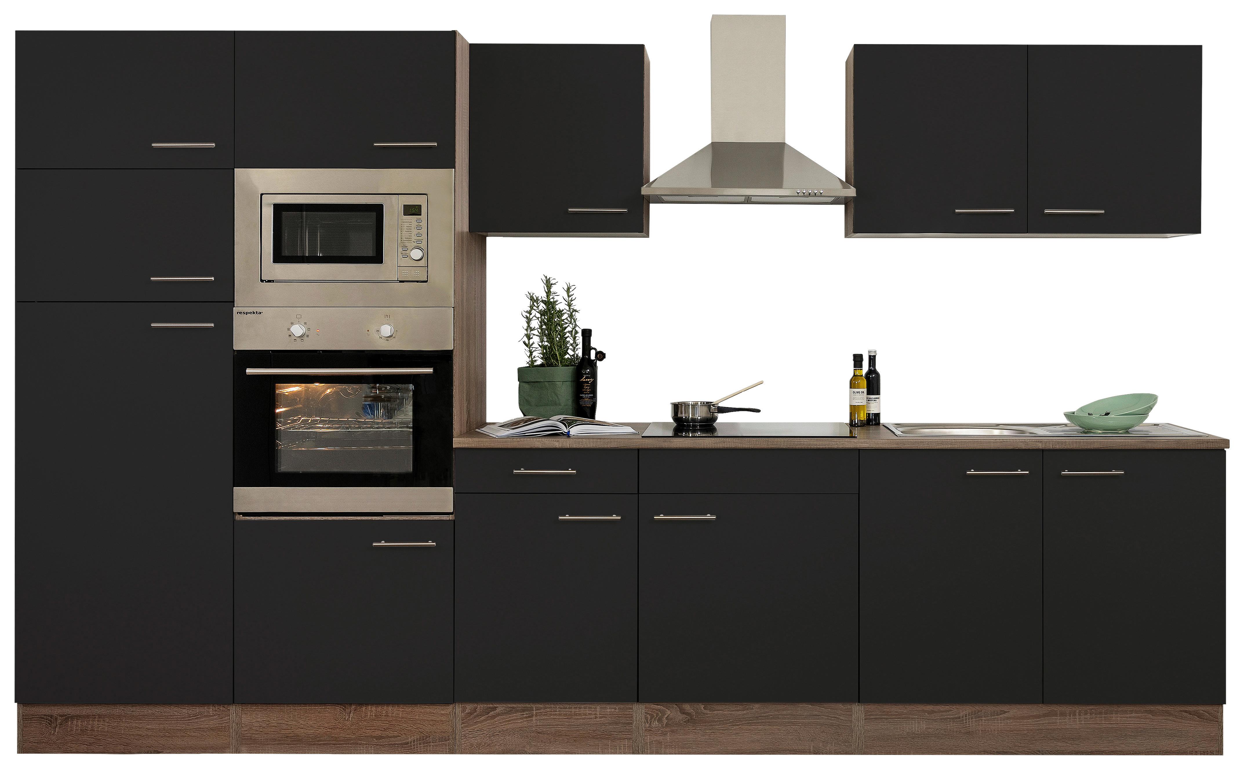Küchenzeile ohne Geräte B: 330 cm Schwarz/Eiche Dekor - Eichefarben/Schwarz, Basics, Holzwerkstoff (330cm) - Respekta
