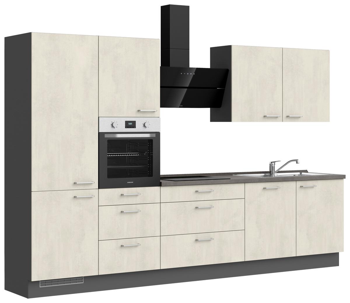 Kuchynská linka 330CM biely betón/ bridlicová šedá - biela/farba ušľachtilej ocele, Modern, kov/kompozitné drevo (330cm) - Nobilia