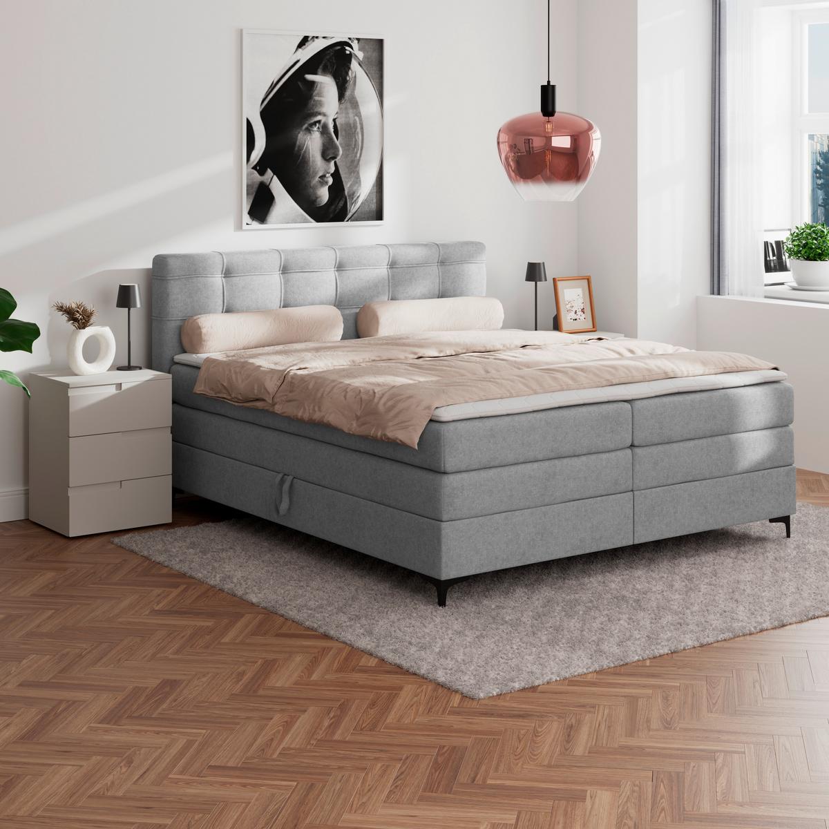 Boxspringbett MITTO Hellgrau 180x200 cm - Hellgrau/Schwarz, KONVENTIONELL, Textil/Metall (180/200cm)