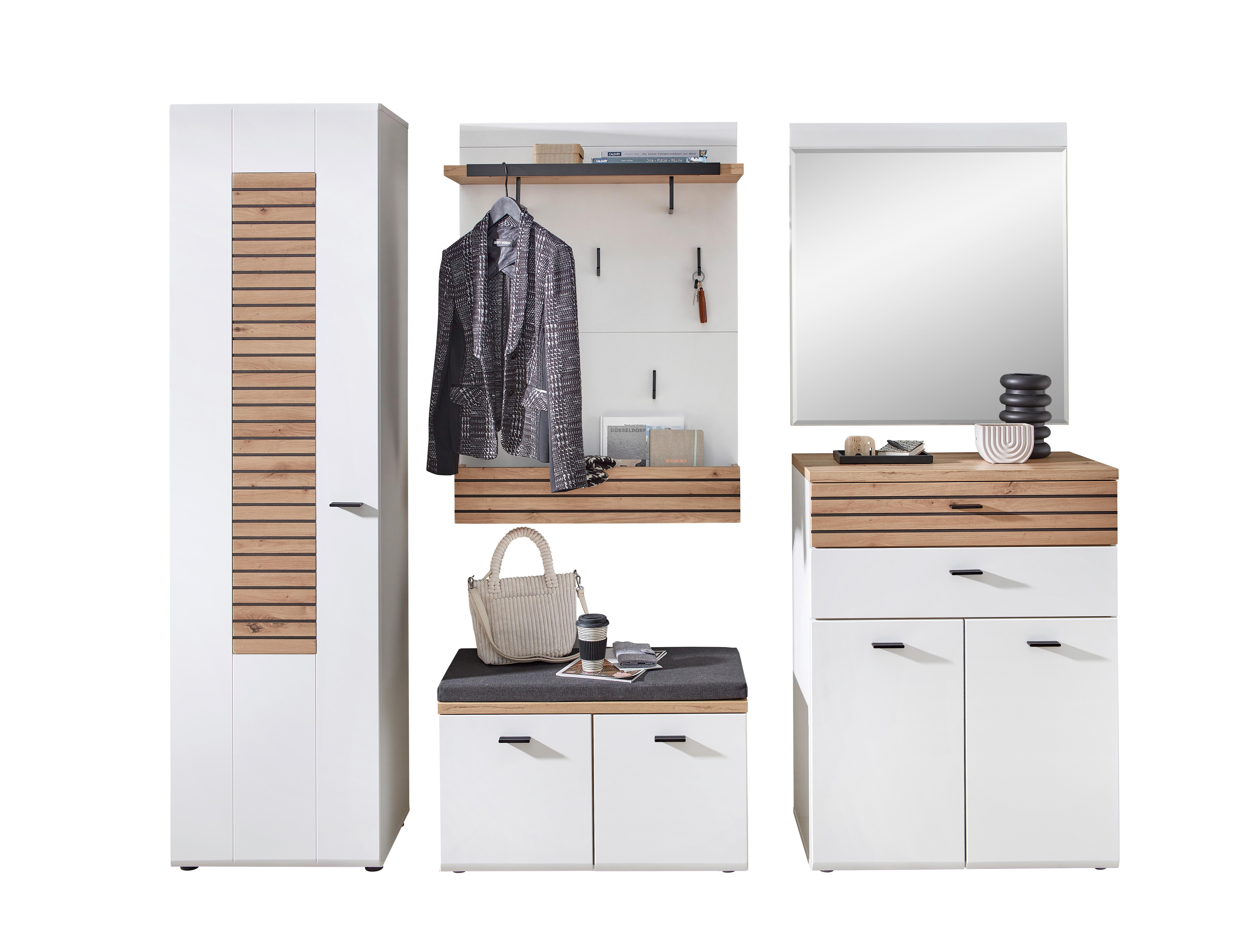 Garderobe Fresno Eiche Artisan/Weiß B: 245 cm - Schwarz/Weiß, Design, Glas/Holzwerkstoff (245/201/40cm) - Livetastic