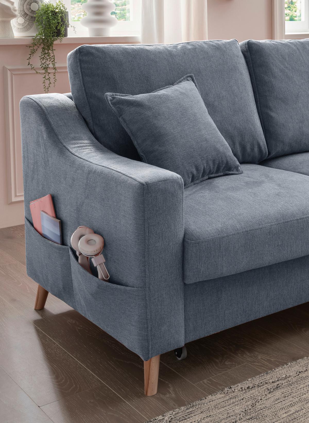 Ecksofa  Mit Schlaffunktion Valentina Mit Kissen Blau - Blau/Naturfarben, KONVENTIONELL, Textil (228/150cm) - P & B