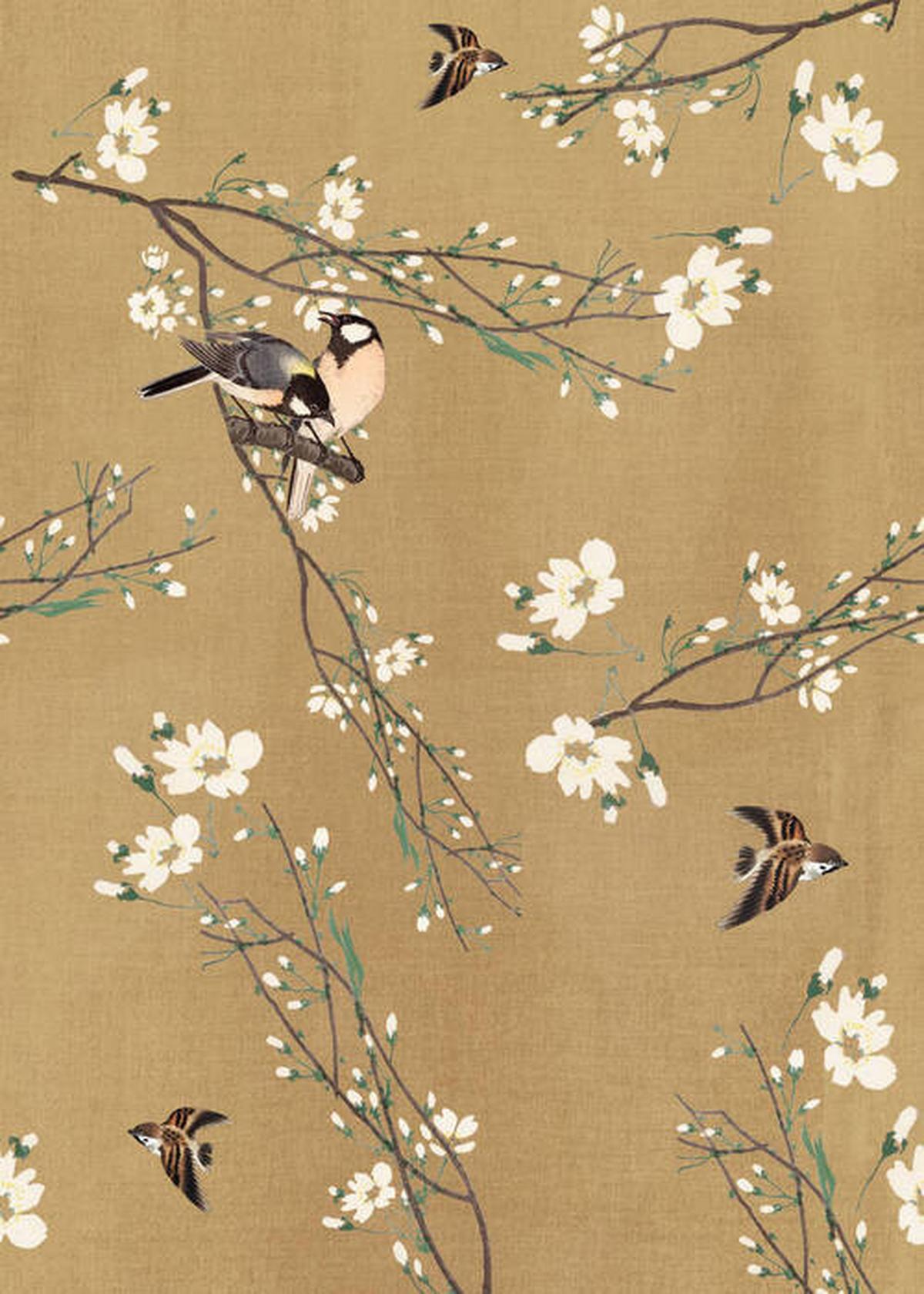 Fototapete Japanische Kirsche Mit Vögel - Multicolor, Basics, Papier/Kunststoff (200/280cm)