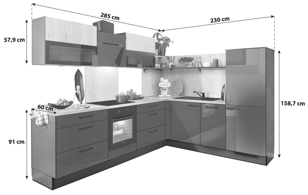 Eckküche Pn215/Pn100 - Grau Hochglanz/Eichefarben, MODERN, Holzwerkstoff (285/230cm) - Pino