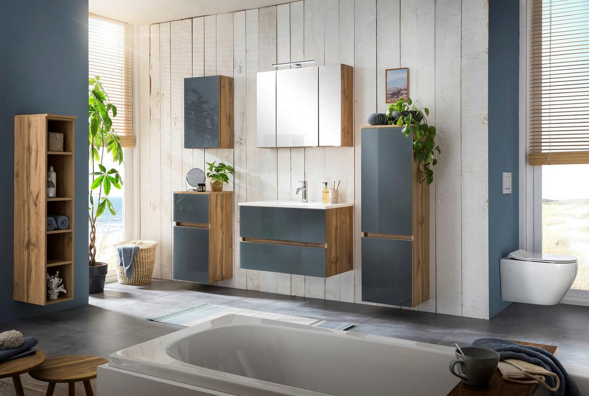 Midischrank mit Türdämpfung Helsinki 40cm Grau/Eiche Dekor - Eichefarben/Silberfarben, KONVENTIONELL, Glas/Holzwerkstoff (40/130/35cm) - Held