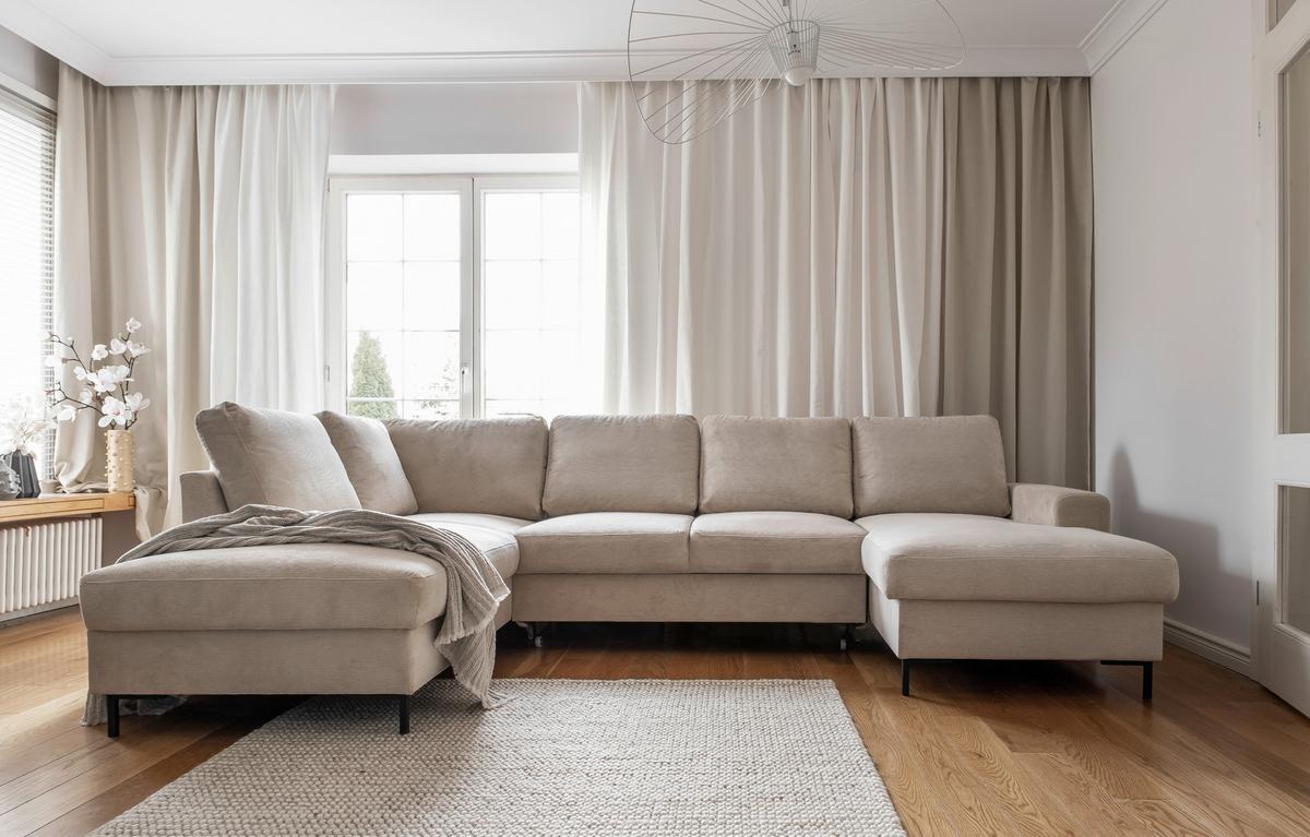 Sedačka LEONIE U, levá, béžový manšestr - černá/béžová, Design, kov/dřevo (197/303/148cm)