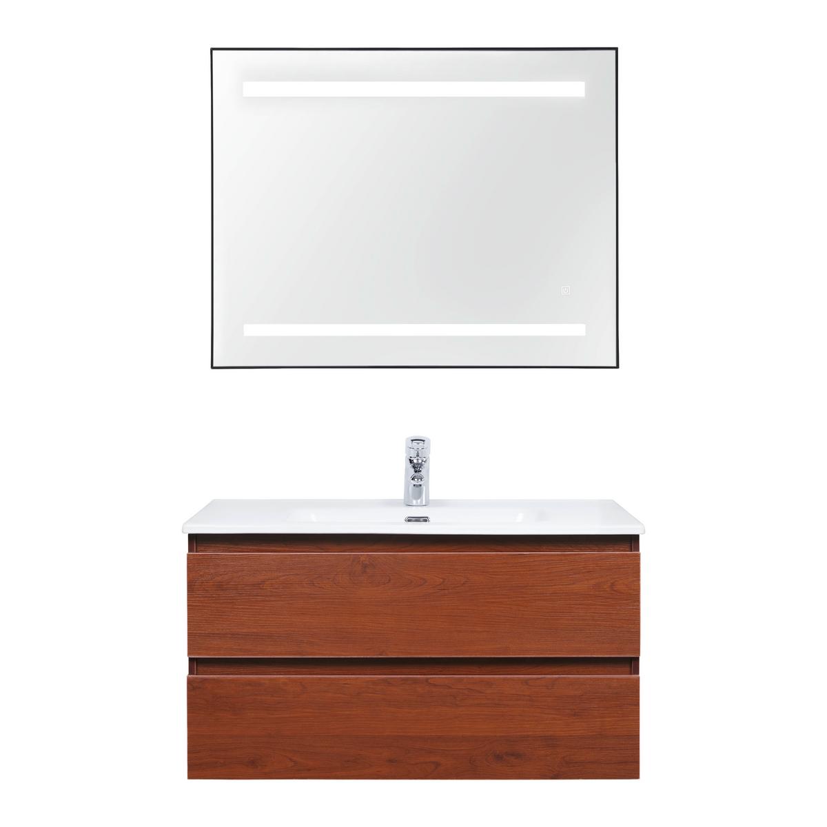 Skříňka s umyvadlem a LED zrcadlem DAVIDE - bílá/přírodní barvy, Moderní, kompozitní dřevo/keramika (91/50/46,5cm) - Livetastic