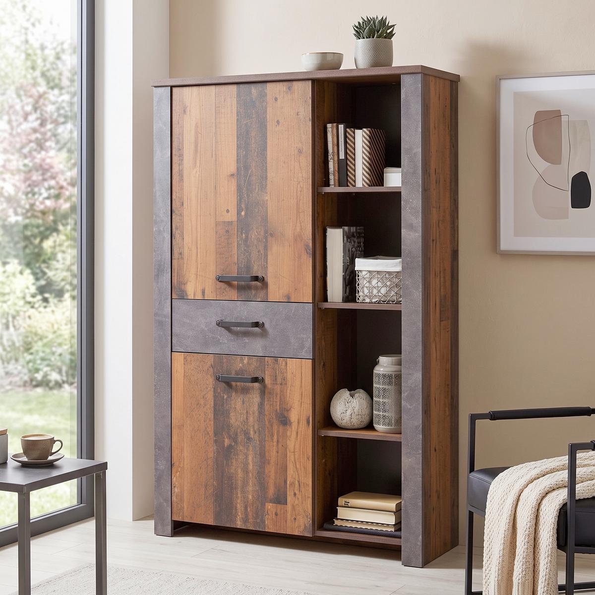 Highboard mit Soft-Close B: 105 cm Ontario Eiche/Grau - Dunkelgrau/Eichefarben, Trend, Holzwerkstoff (105/159/41,5cm) - Ondega