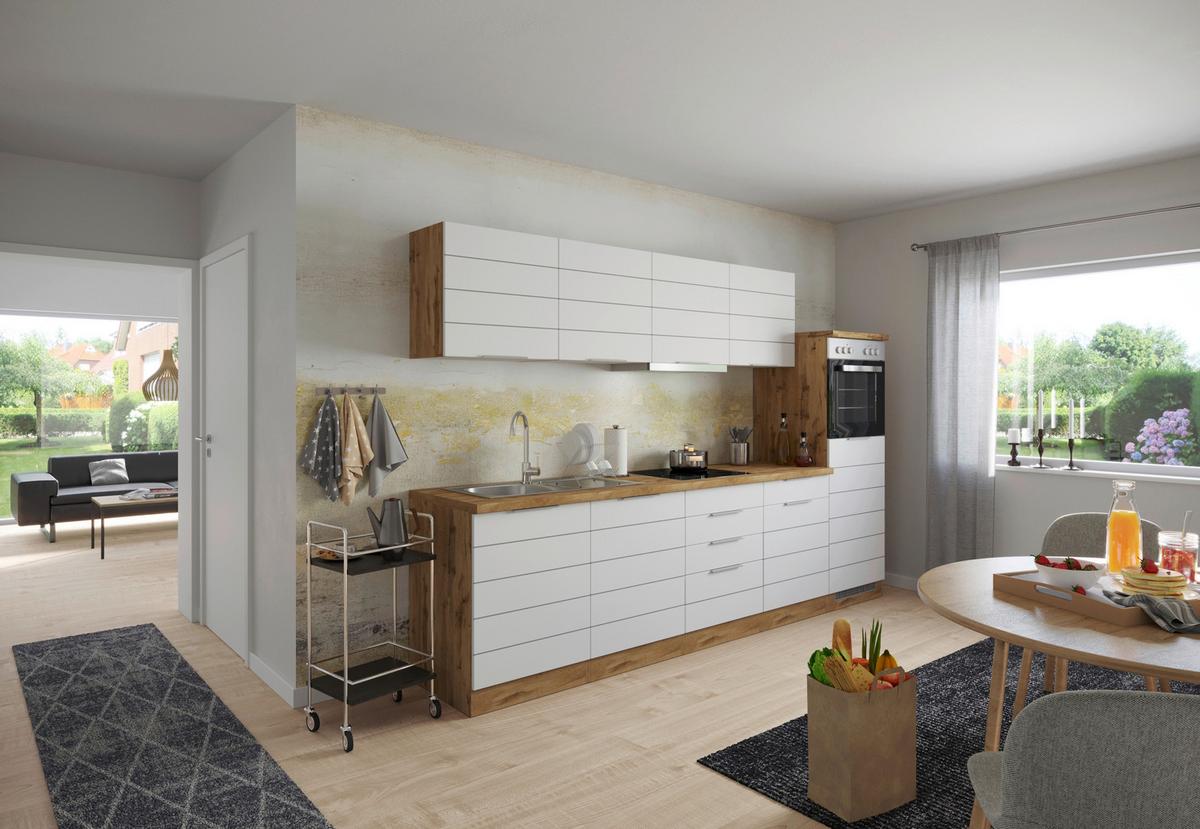 Küchenzeile Florenz mit Geräten 300 cm Weiß/Eichefarben - Eiche Wotan/Weiß, Design, Holzwerkstoff (300cm) - Held