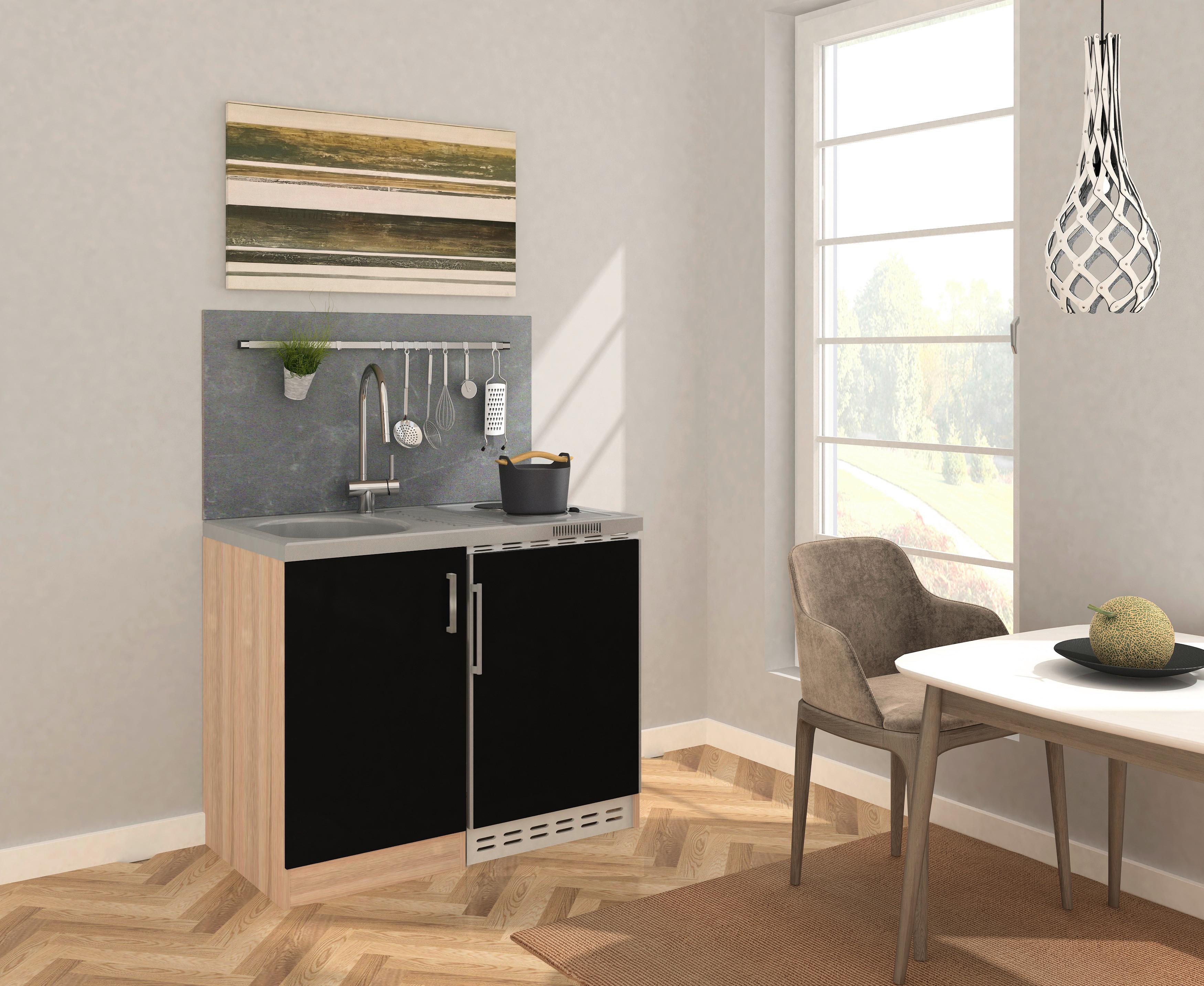 Respekta Miniküche mit Kühlschrank + Kochfeld 100 cm Schwarz/Eiche
