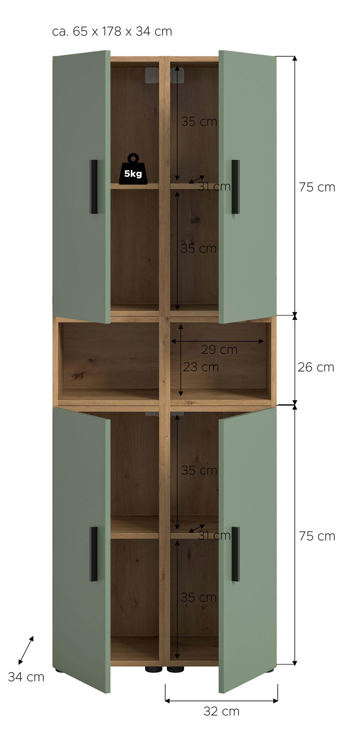 Wohnwand, The ONE 9, B: 65 cm Olivgrün/Artisan Eiche Dekor - Schwarz/Weiß, Trend, Holzwerkstoff (65/178/34cm)