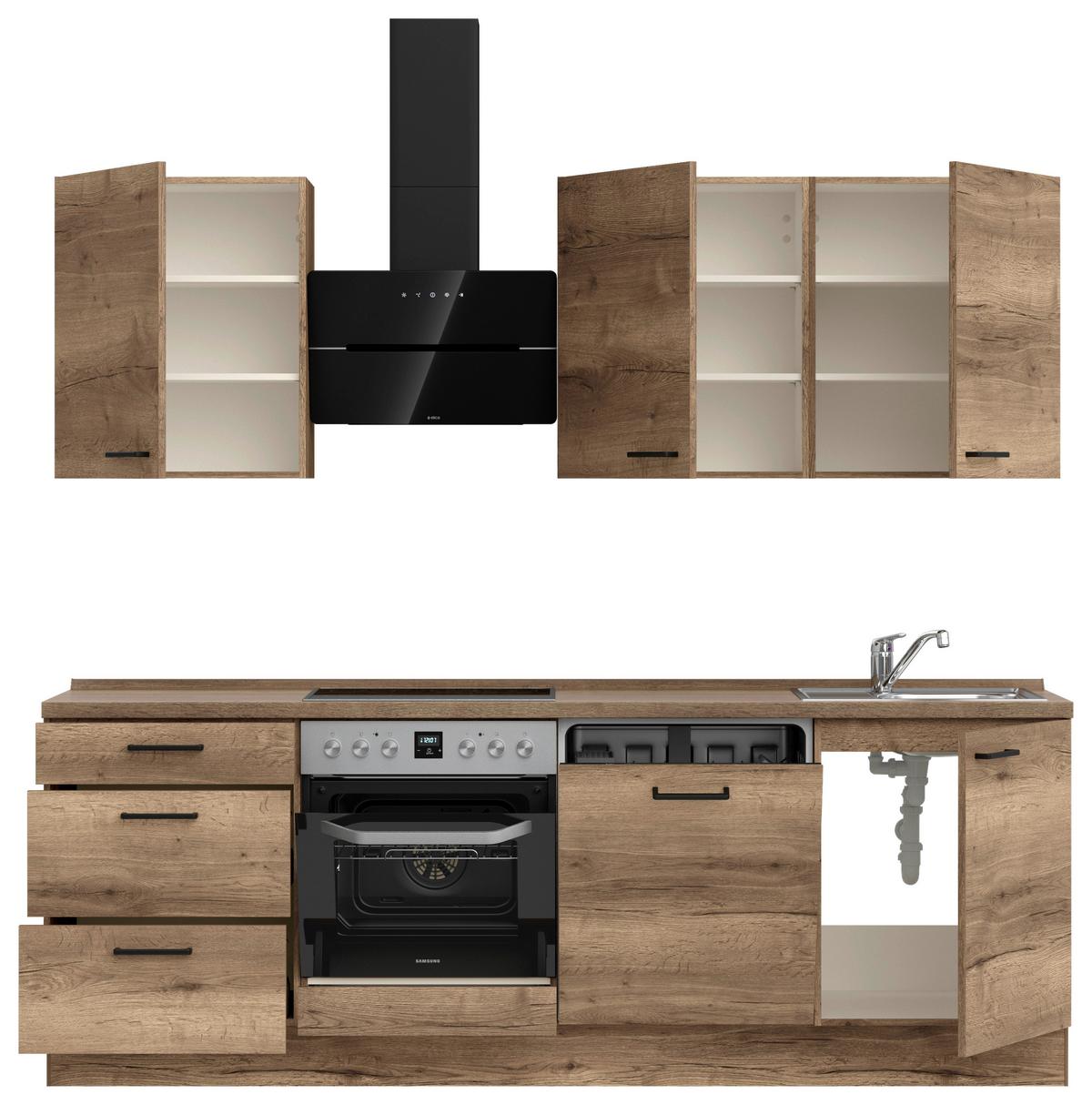 Kuchyňská linka 240 cm, dekor dub Havanna - černá/tmavý dub, Moderní, kov/kompozitní dřevo (240cm) - Nobilia