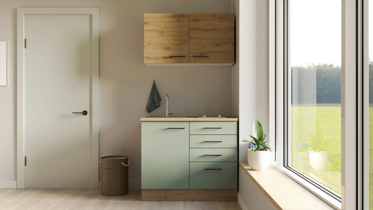 Minikuchyně Cara šířka 100 cm - rákosová zelená/černá, Moderní, kov/kompozitní dřevo (100cm)