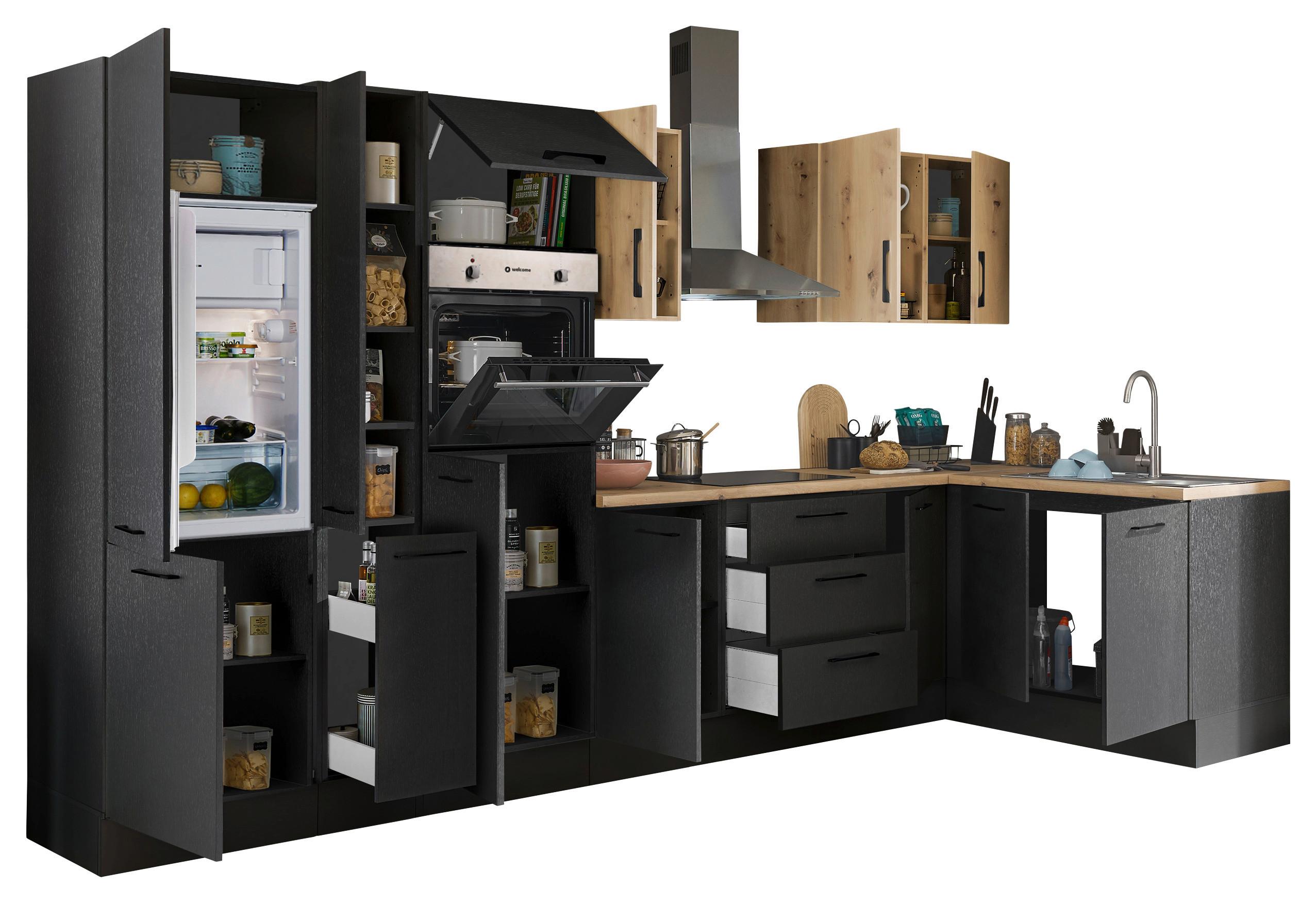 Eckküche Turin Schwarz/Eiche Dekor 360x125 cm - Schwarz/Eiche Artisan, Basics, Holzwerkstoff (360/125cm) - MID.YOU