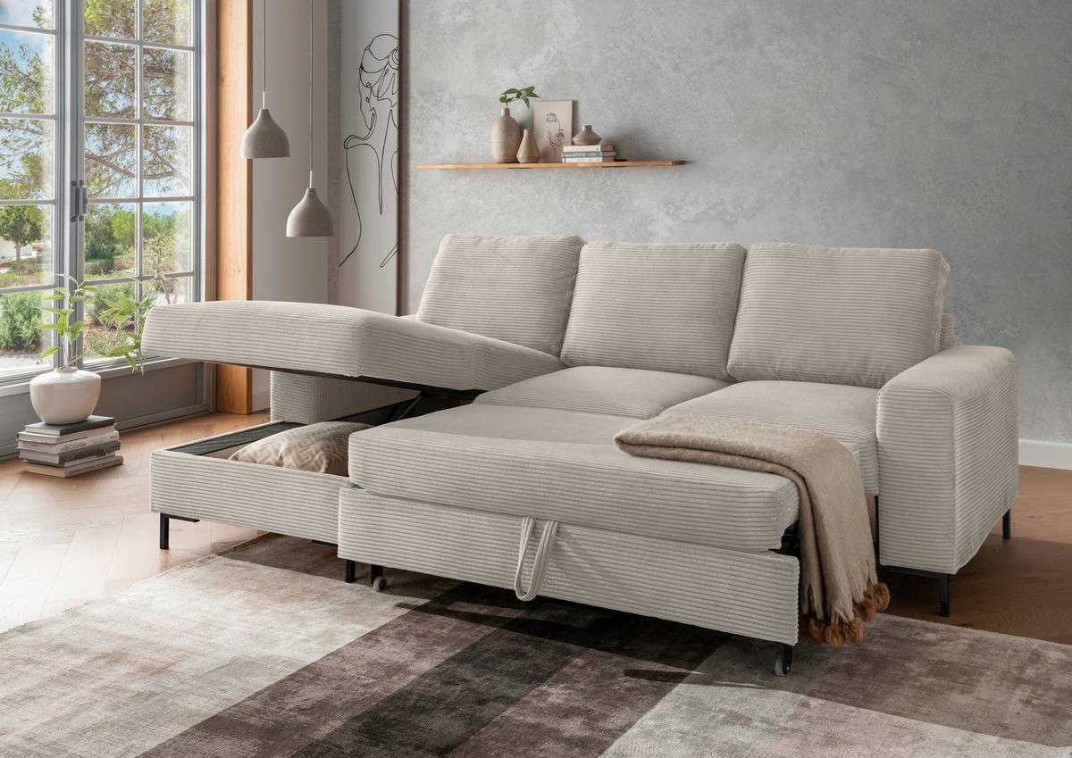 Eckschlafsofa Zona, Beige S: 143x237 Cm - Beige/Schwarz, KONVENTIONELL, Textil (143/237cm) - Livetastic
