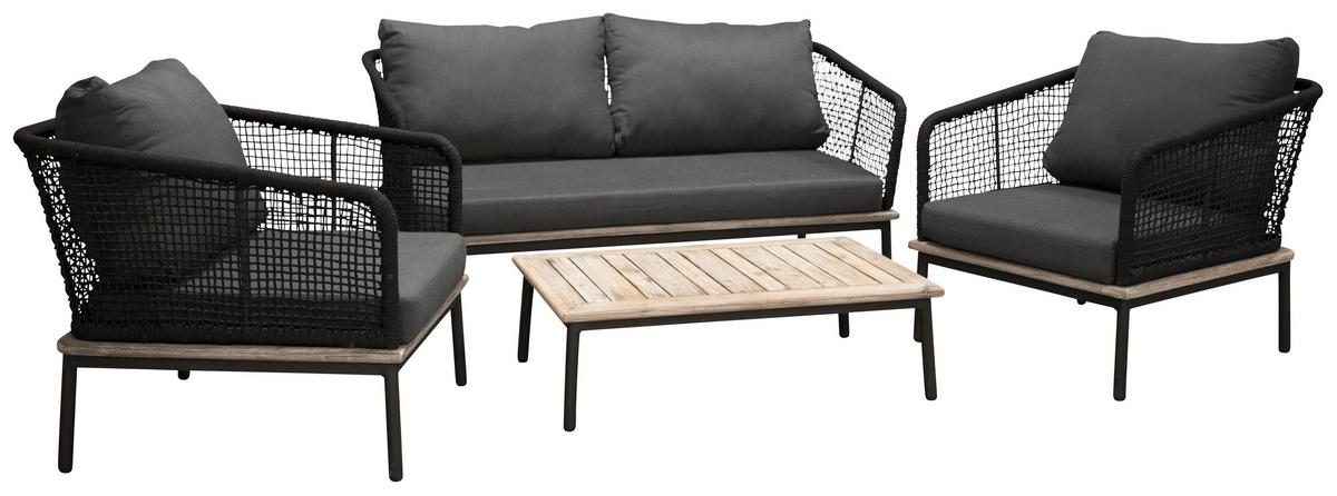 Loungegarnitur 4-tlg Andorra Kunststoff/holzdekor M. Kissen - Schwarz, KONVENTIONELL, Kunststoff (79,5/148cm) - Gardenson