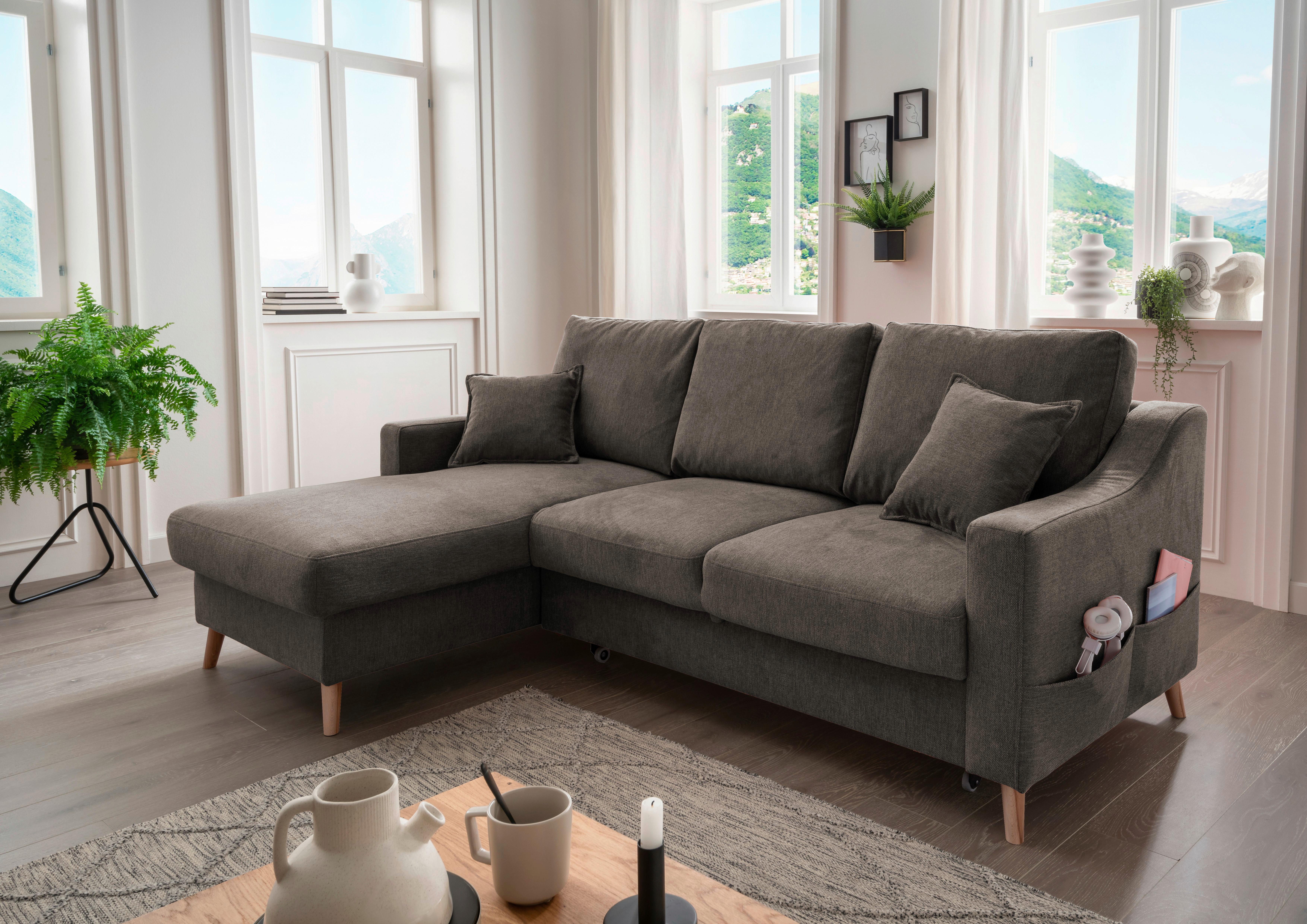 Ecksofa mit Schlaffunktion Valentina mit Kissen Braun - Braun/Naturfarben, KONVENTIONELL, Textil (150/228cm) - P & B