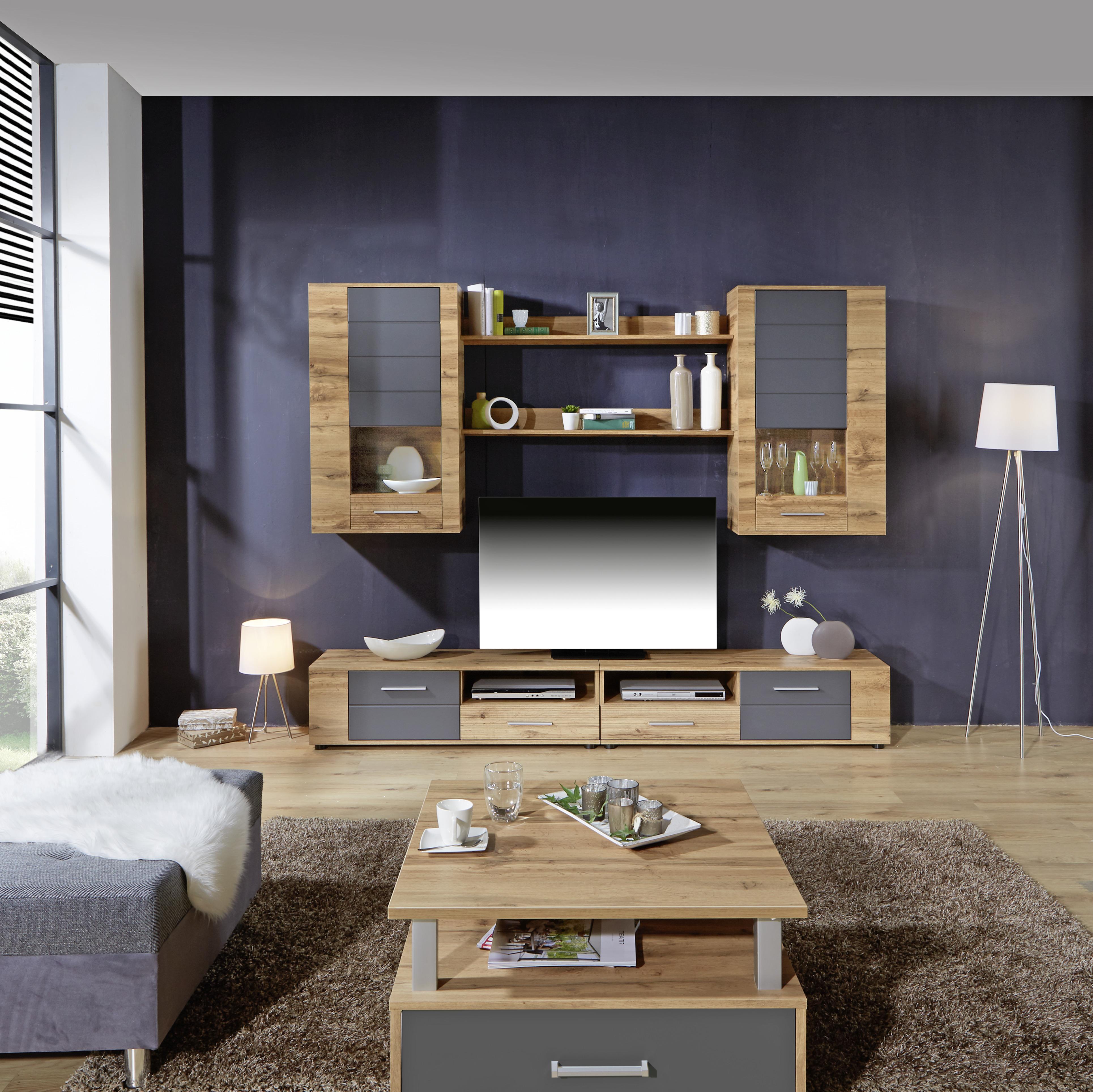 Wohnwand Modern 6-Tlg. mit Led Fargo, Wotan Eiche Dekor/Grau - Eichefarben/Grau, MODERN (240/192/38cm)