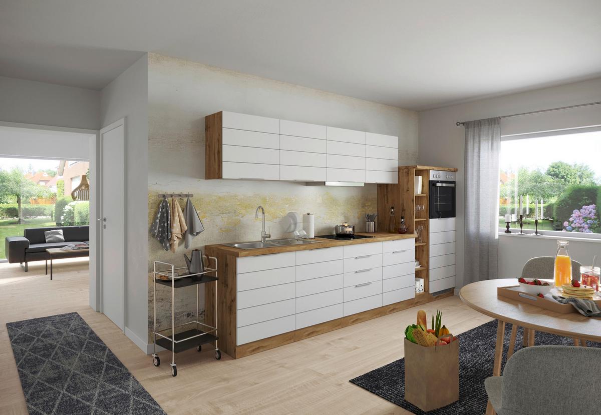 Küchenzeile Florenz mit Geräten 330 cm Weiß/Eichefarben - Eiche Wotan/Weiß, Design, Holzwerkstoff (330cm) - Held