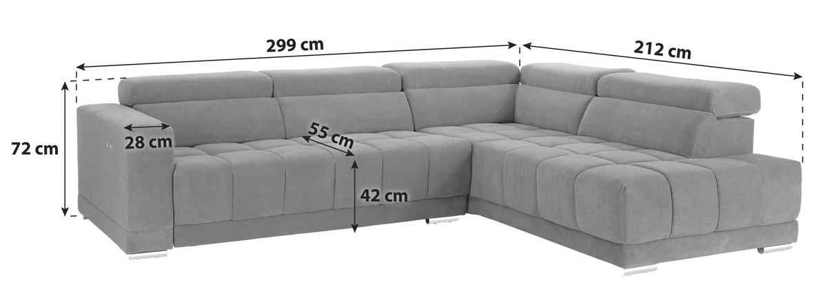 Ecksofa mit Relaxfunktion Hogan Ra, Grau - Silberfarben/Grau, MODERN, Holz/Textil (299/212cm) - Livetastic