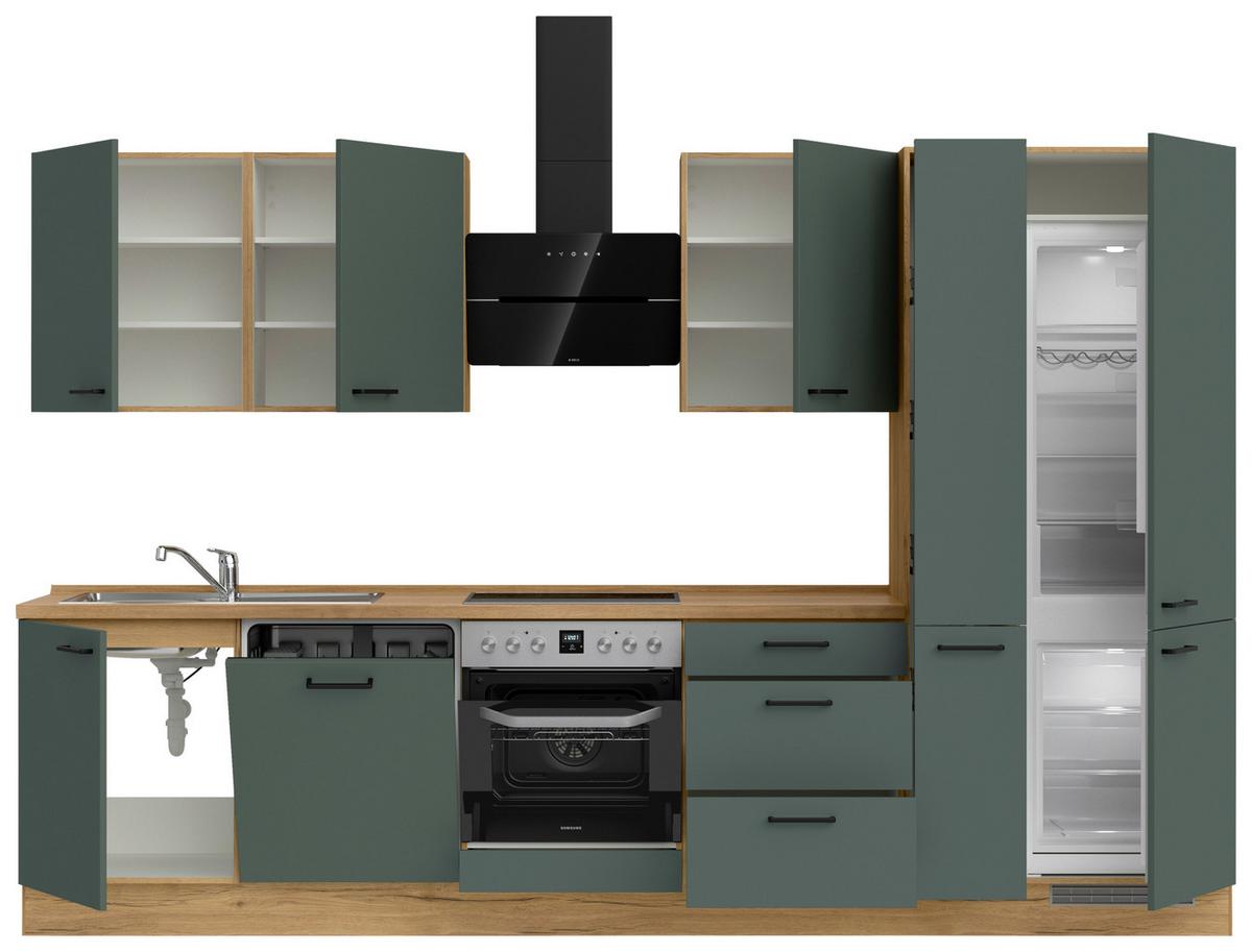 Kuchyňská linka 330 cm, minerální zelená,ultra matná - barvy dubu/černá, Moderní, kov/kompozitní dřevo (330cm) - Nobilia
