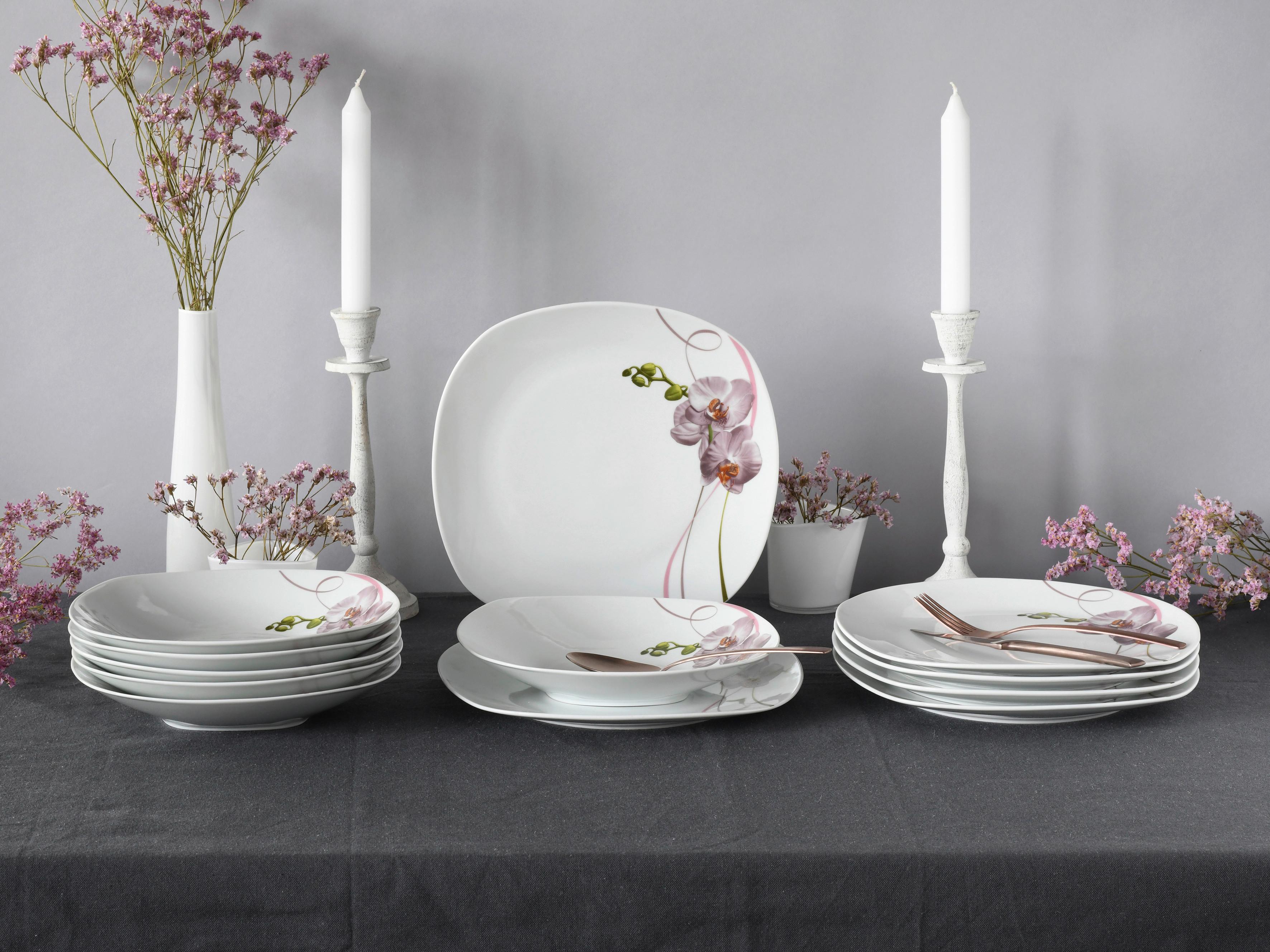 Tafelservice Square Orchidee 12--Teilig., Rosa, Weiß - Rosa/Weiß, Trend, Keramik - Creatable