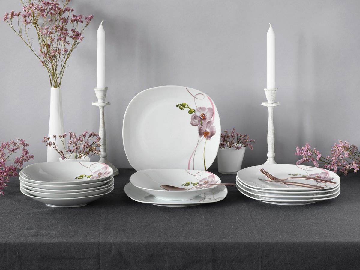 Tafelservice Square Orchidee 12-Tlg., Rosa, Weiß - Rosa/Weiß, Trend, Keramik - Creatable