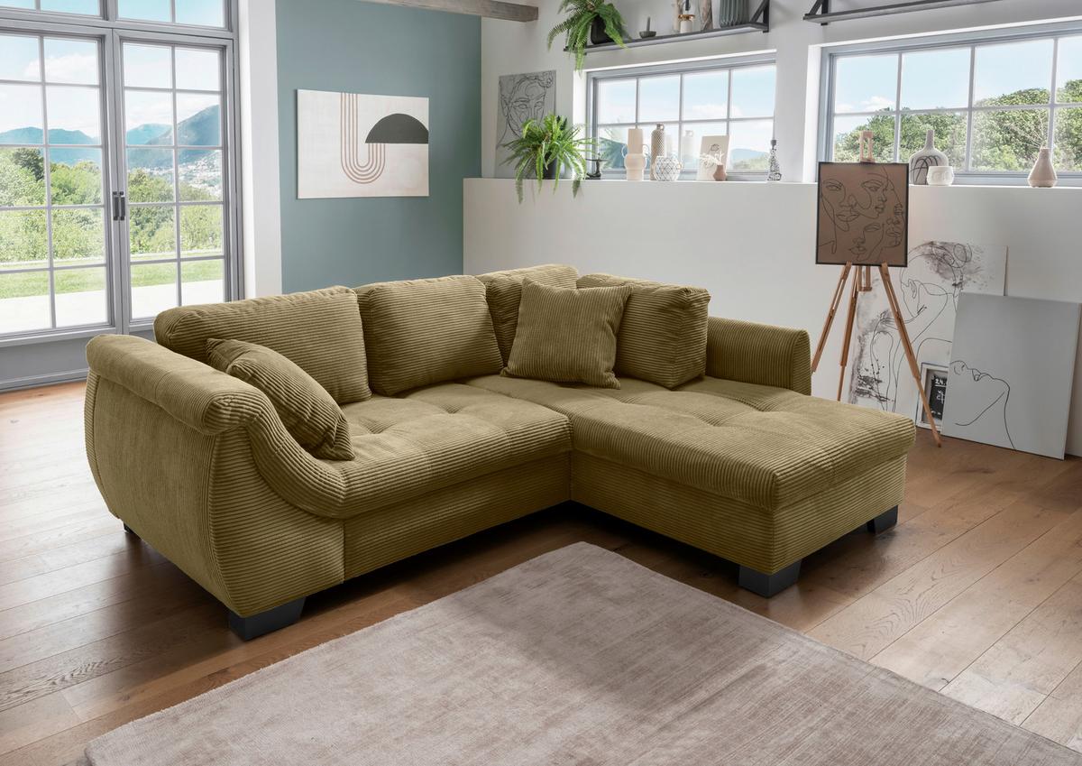 Ecksofa mit Schlaffunktion Flora Olivgrün Cord - Schwarz/Olivgrün, Design, Textil (250/190cm) - MID.YOU