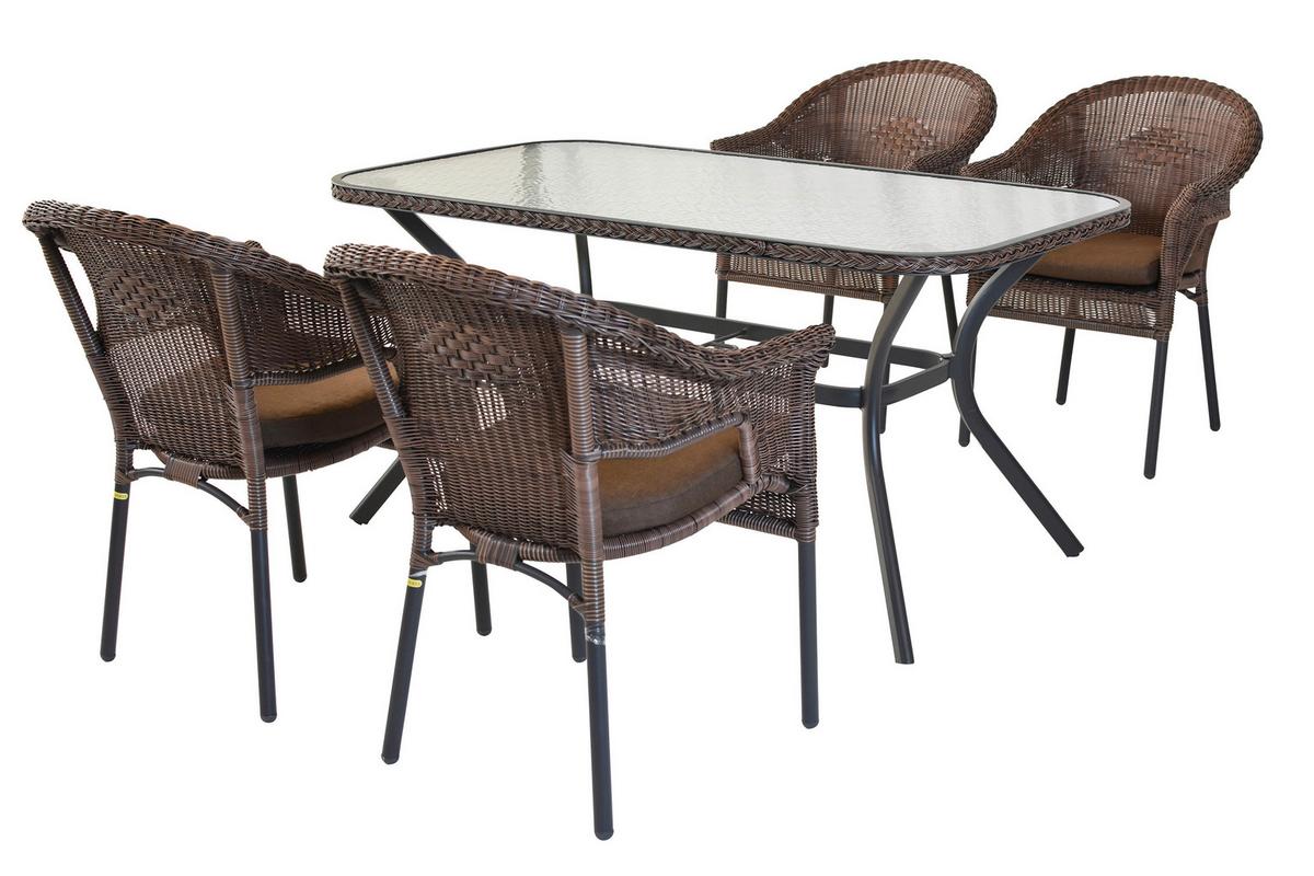 Gartentischgruppe Ravenna 5tlg. Set Inkl. Sitzkissen - Dunkelbraun/Graphitfarben, KONVENTIONELL, Glas/Kunststoff - Gardenson