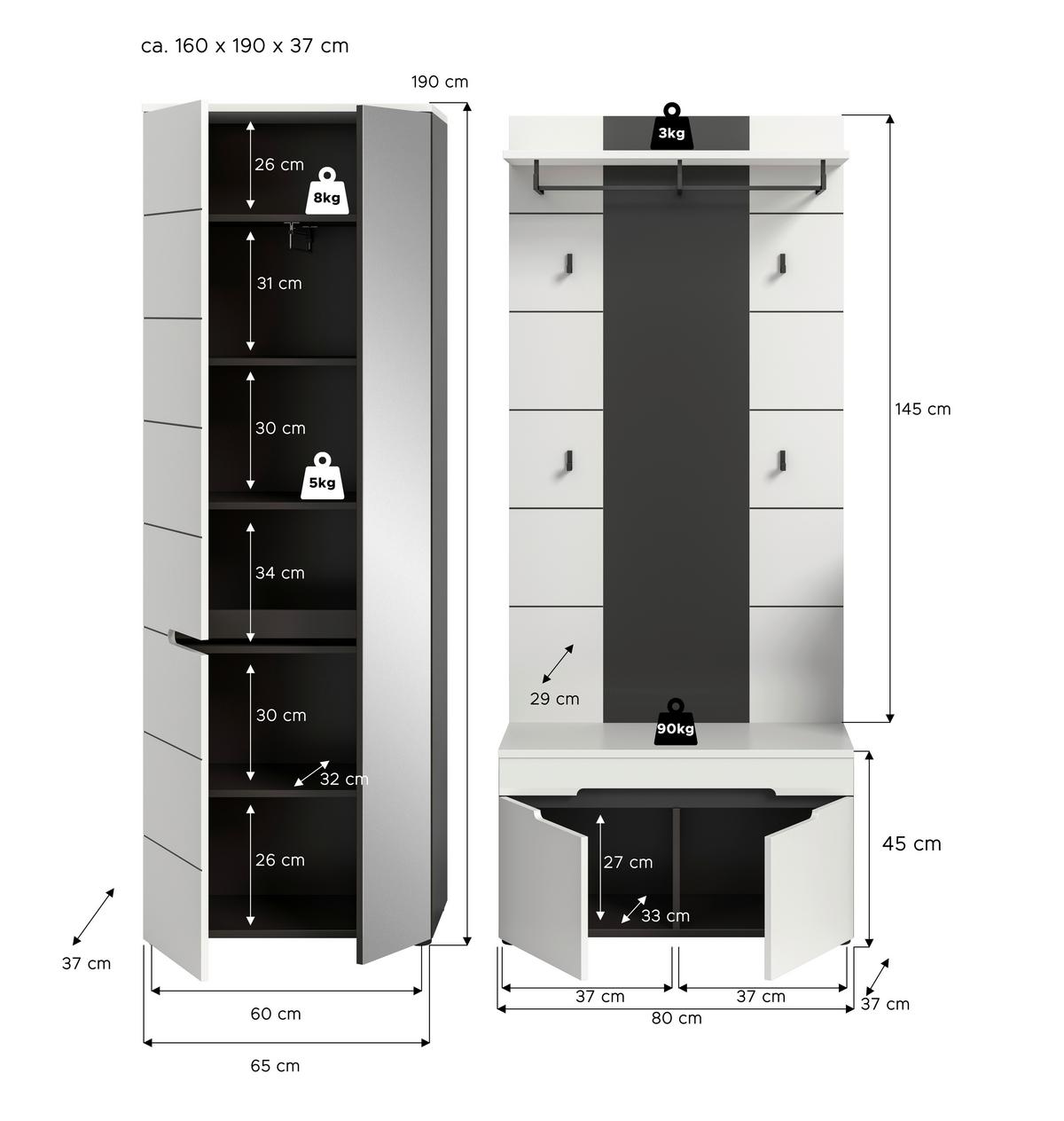 Garderobe Canu 3-Teilig Grau/Weiß B: 160 cm - Weiß/Grau, Basics, Holzwerkstoff (160/190/37cm) - Livetastic