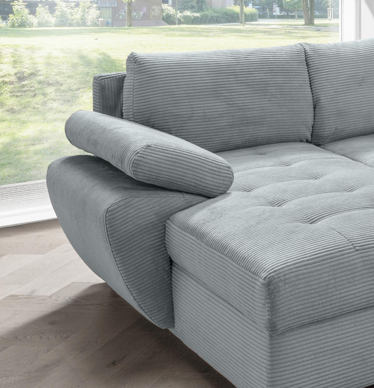 Wohnlandschaft Terana mit Schlaffunktion, Hellblau - Chromfarben/Hellblau, KONVENTIONELL, Textil (157/305/219cm) - Livetastic