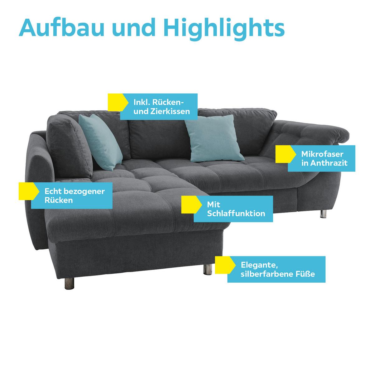 Ecksofa Mit Schlaffunktion Agira Anthrazit/blau 190x250cm - Blau/Chromfarben, Design, Textil (190/250cm) - Livetastic