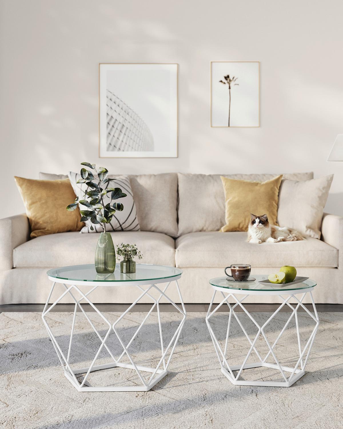 Couchtischset Weiß B: 48,2 cm - Weiß, Trend, Glas/Metall (48,2/39,2/48,2cm) - MID.YOU