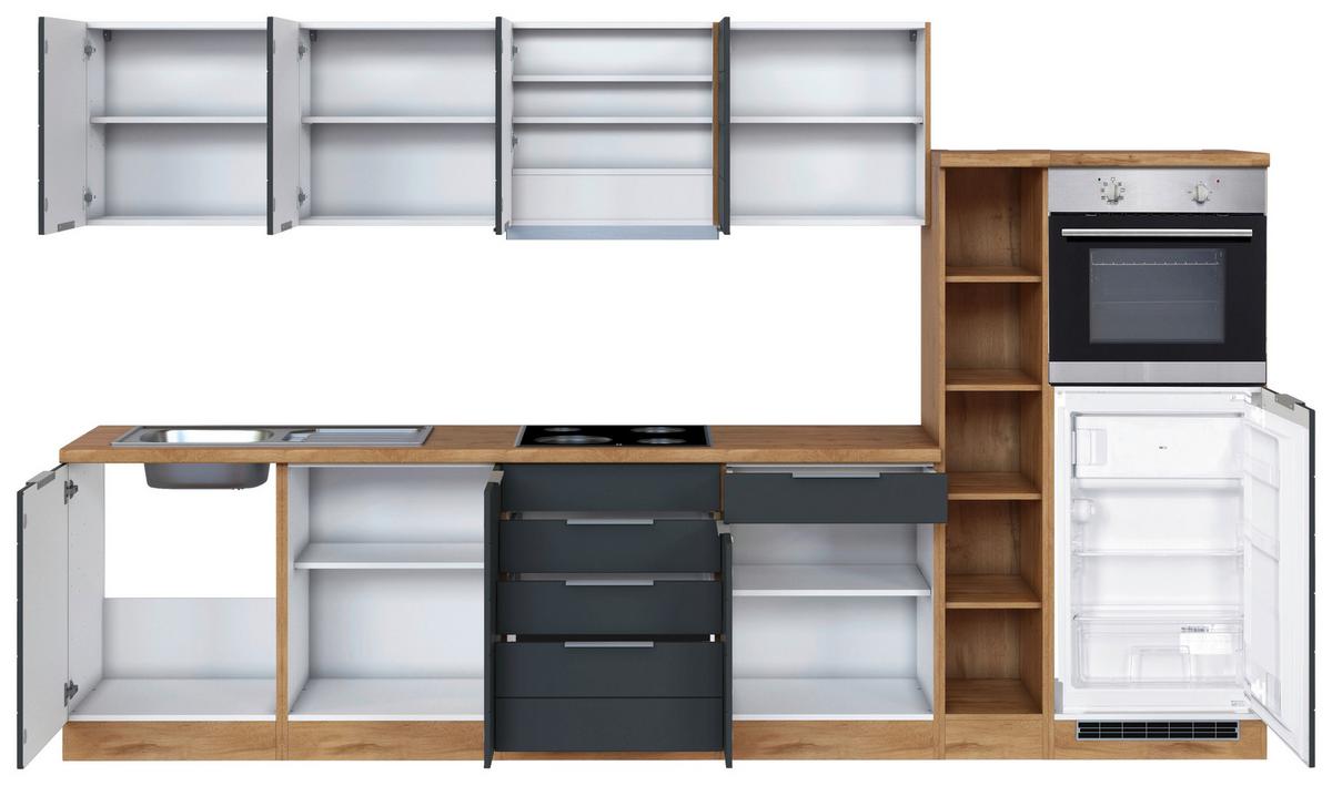 Küchenzeile Florenz mit Geräte B: 330 cm Grau/Eiche Dekor - Eiche Wotan/Grau, Design, Holzwerkstoff (330cm) - Held