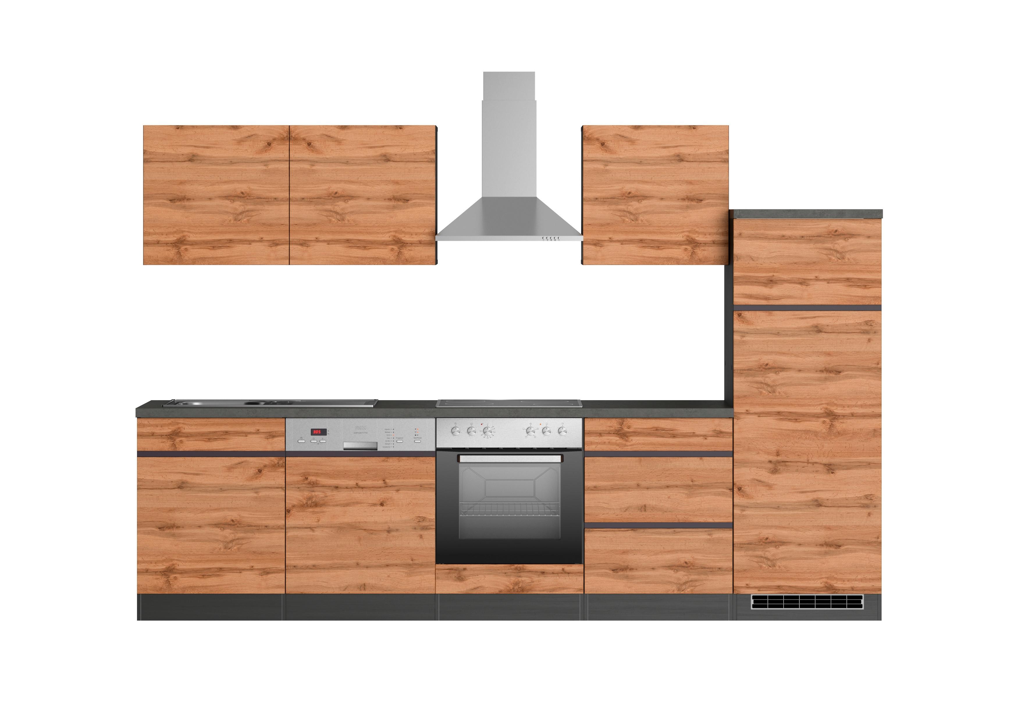 Küchenzeile Turin mit Geräte B: 300 cm Graphit/Eiche Dekor - Eiche Wotan/Graphitfarben, Design, Holzwerkstoff (300cm) - Held
