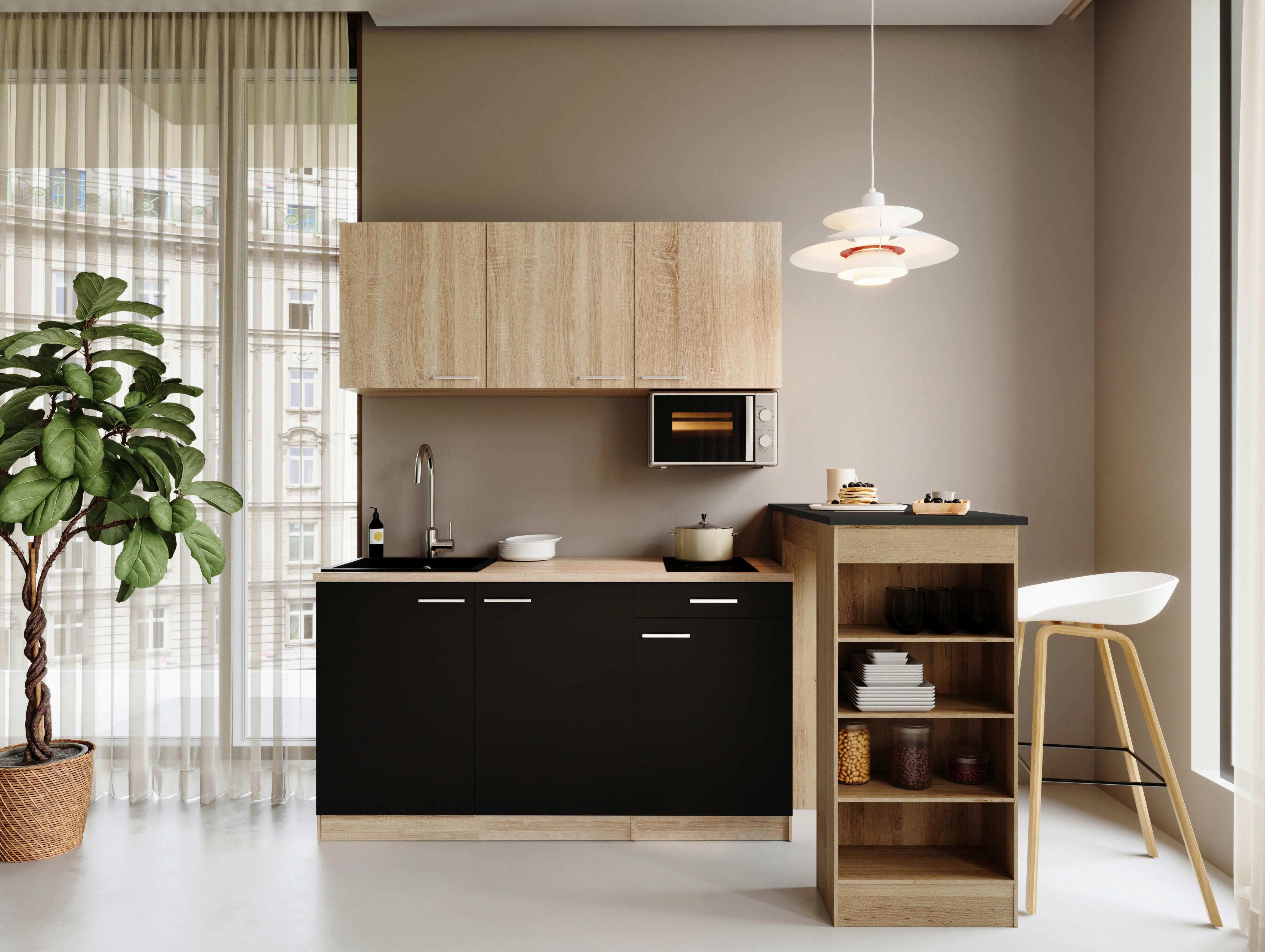 Miniküche Ingrid Schwarz/Eichefarben B: 150cm - Eichefarben/Schwarz, Design, Holzwerkstoff (150cm) - Respekta