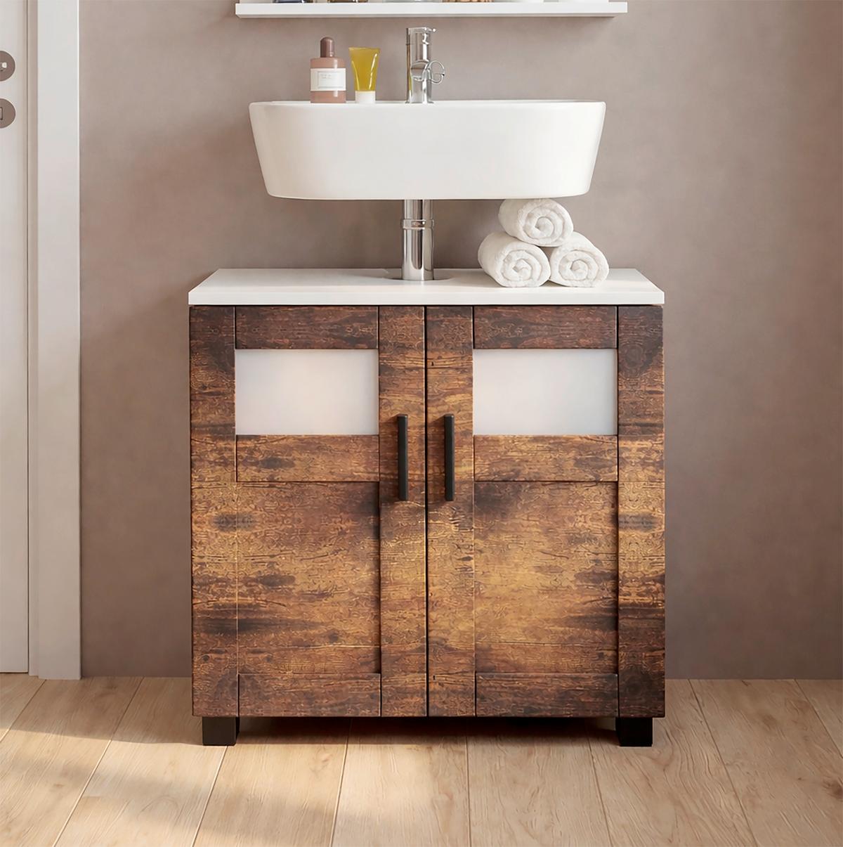 Waschbeckenunterschrank Nilari Weiß/Eichefarben B: 60cm - Eichefarben/Weiß, Trend, Glas/Holzwerkstoff (60/60/29cm) - MID.YOU