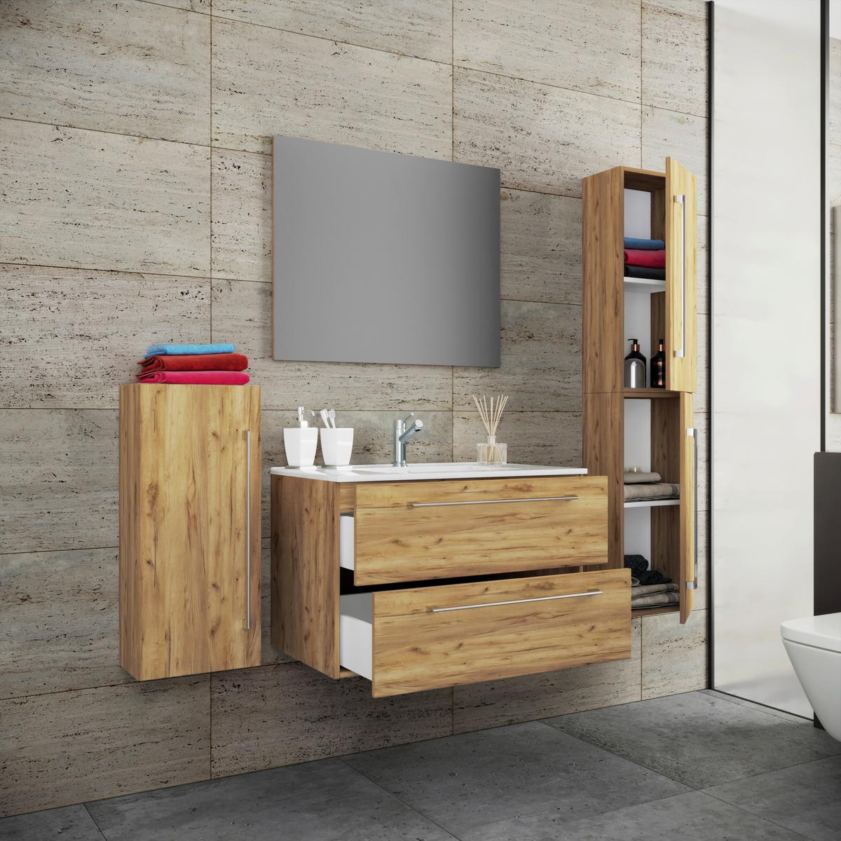 Badezimmer Badinos 5-Teilig Honigeiche B: 80 cm - Honigeiche/Weiß, MODERN, Keramik/Holzwerkstoff (147cm) - MID.YOU