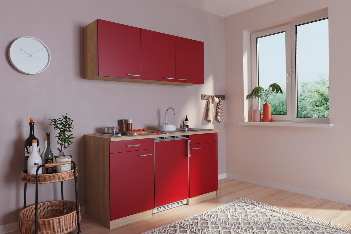 Miniküche mit Kühlschrank + Kochfeld 150cm Rot/Eiche Dekor - Rot, Basics, Holzwerkstoff (150cm) - Respekta