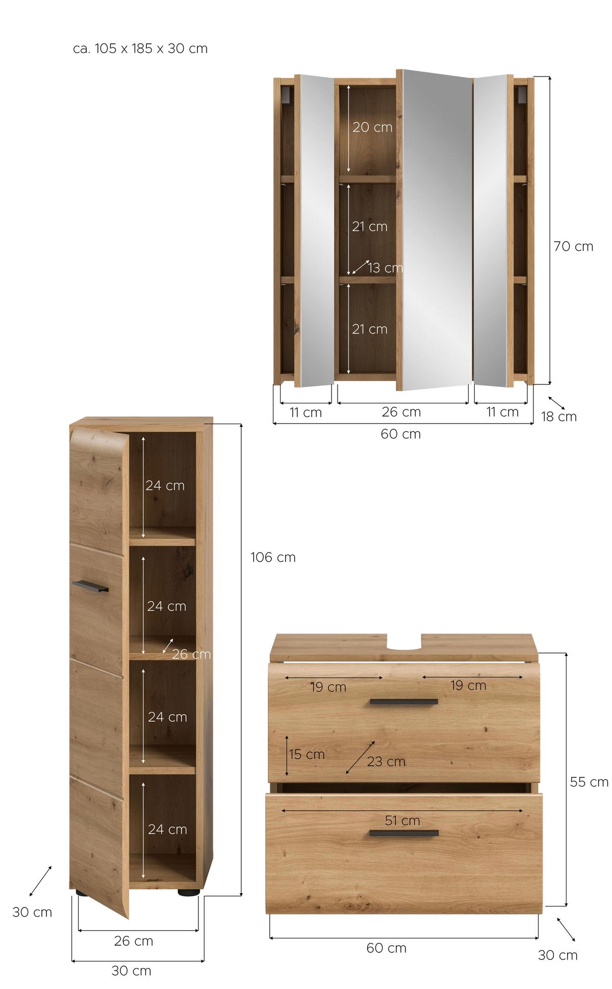 Badezimmer Ice Eiche Artisan Dekor B: 90cm - Schwarz/Eiche Artisan, Basics, Holzwerkstoff (90cm) - MID.YOU