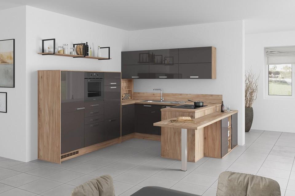 U-küche Lp4050 Grafit/ Eiche 298x294x255 Cm Mit Griffen - MODERN, Holzwerkstoff (298/294/255cm) - Impuls