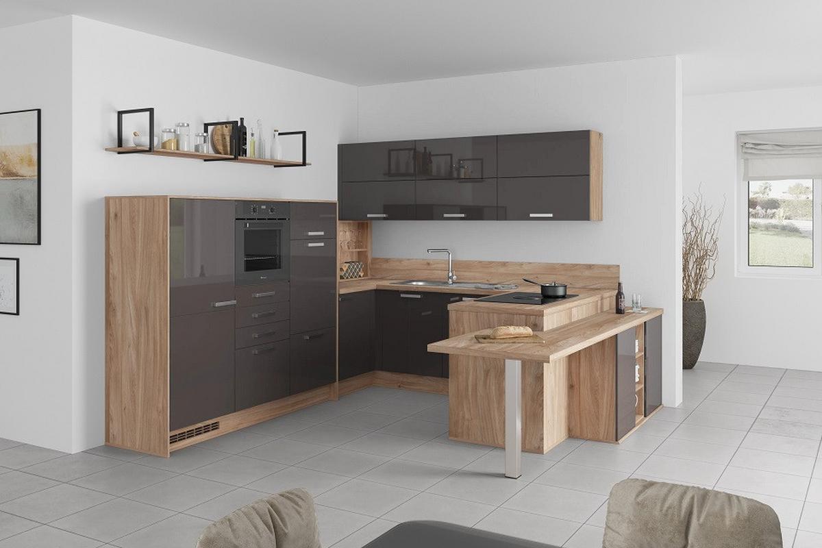 U-küche Lp4050 Grafit/ Eiche 298x294x255 Cm Mit Griffen - MODERN, Holzwerkstoff (298/294/255cm) - Impuls